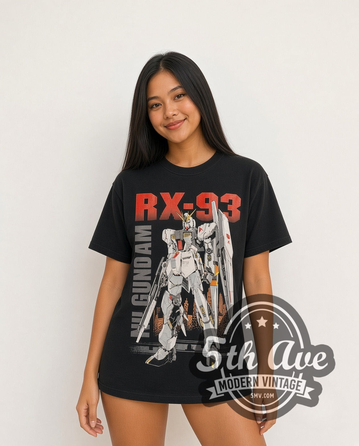 Model wearing the Gundam RX-93 vintage anime t-shirt