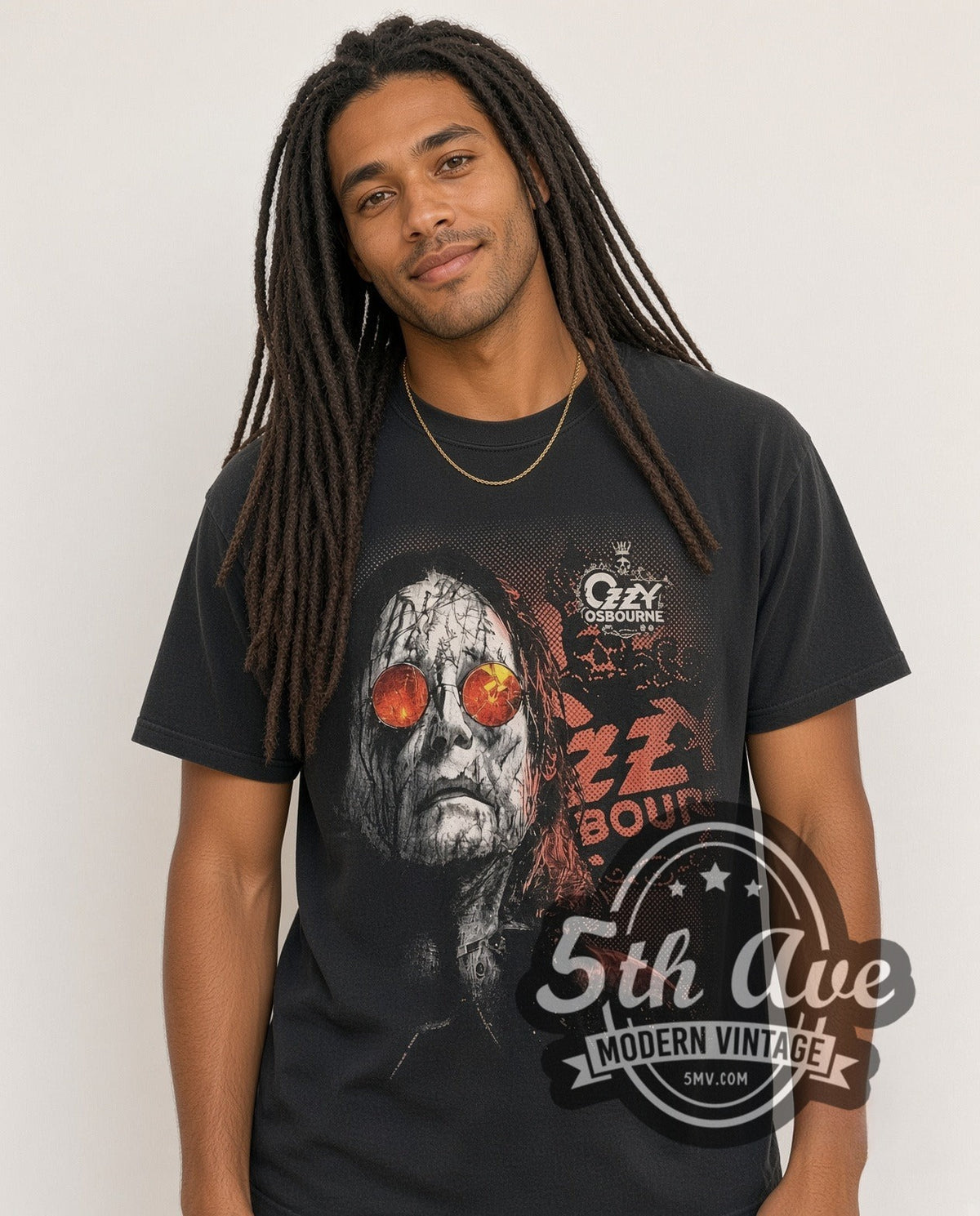 Model wearing the Ozzy Osbourne Red Sunglasses Cracked Portrait vintage band t-shirt