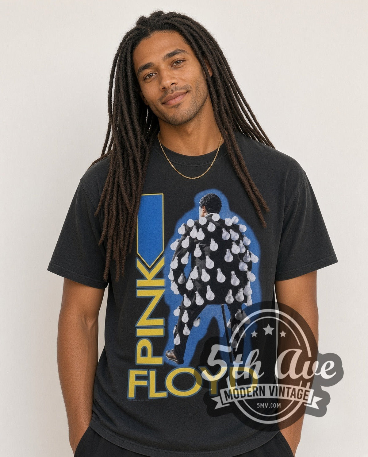 Model wearing the Pink Floyd Figure vintage band t-shirt in black