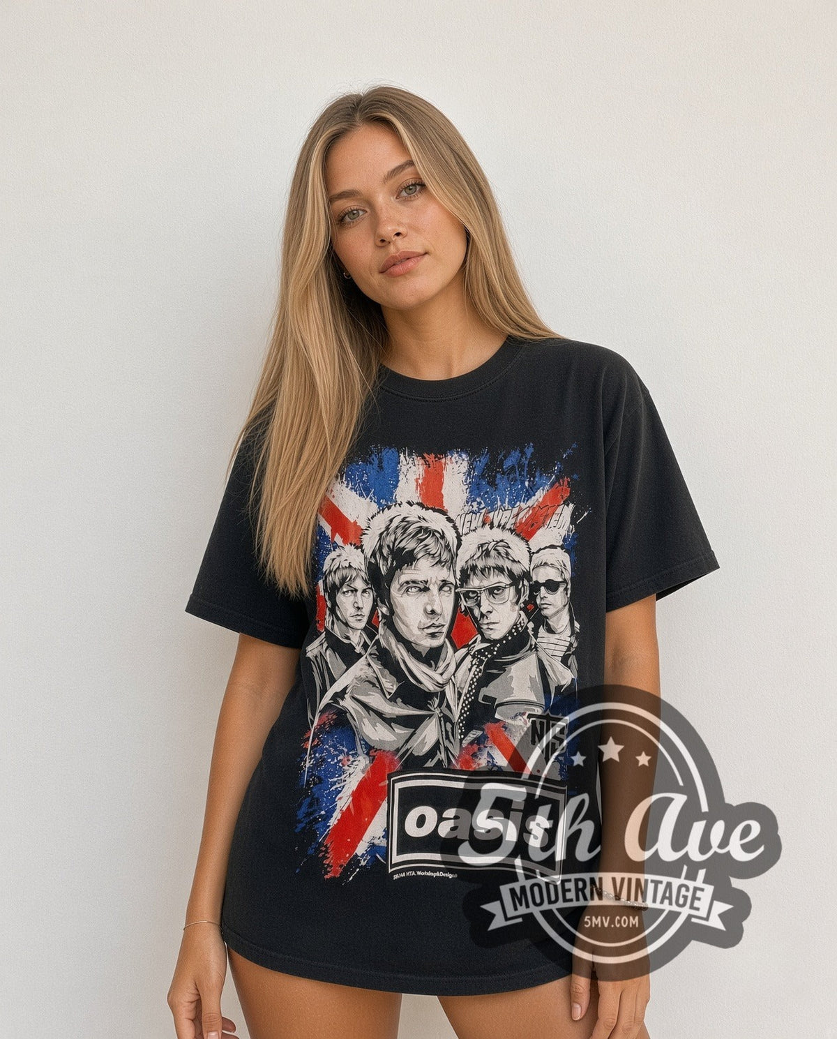 Model wearing the Oasis Union Jack NTS Band Illustration vintage band t-shirt