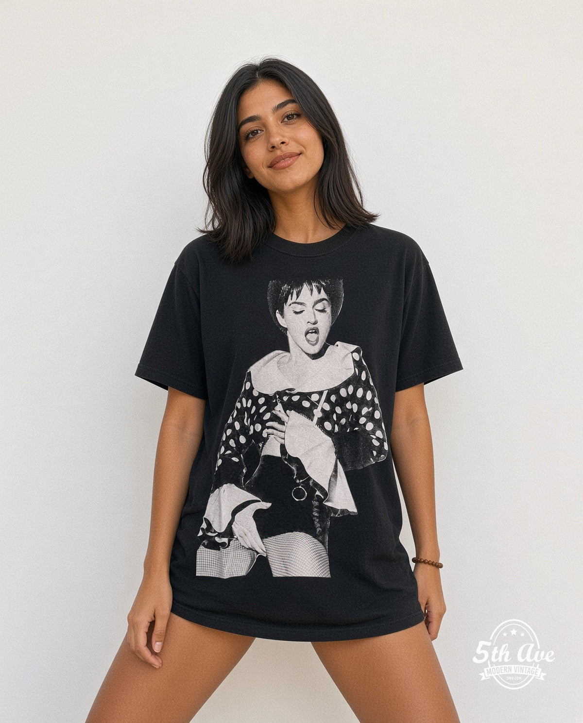 Model wearing the Madonna Polka Dot Jacket Fishnets Portrait vintage band t-shirt