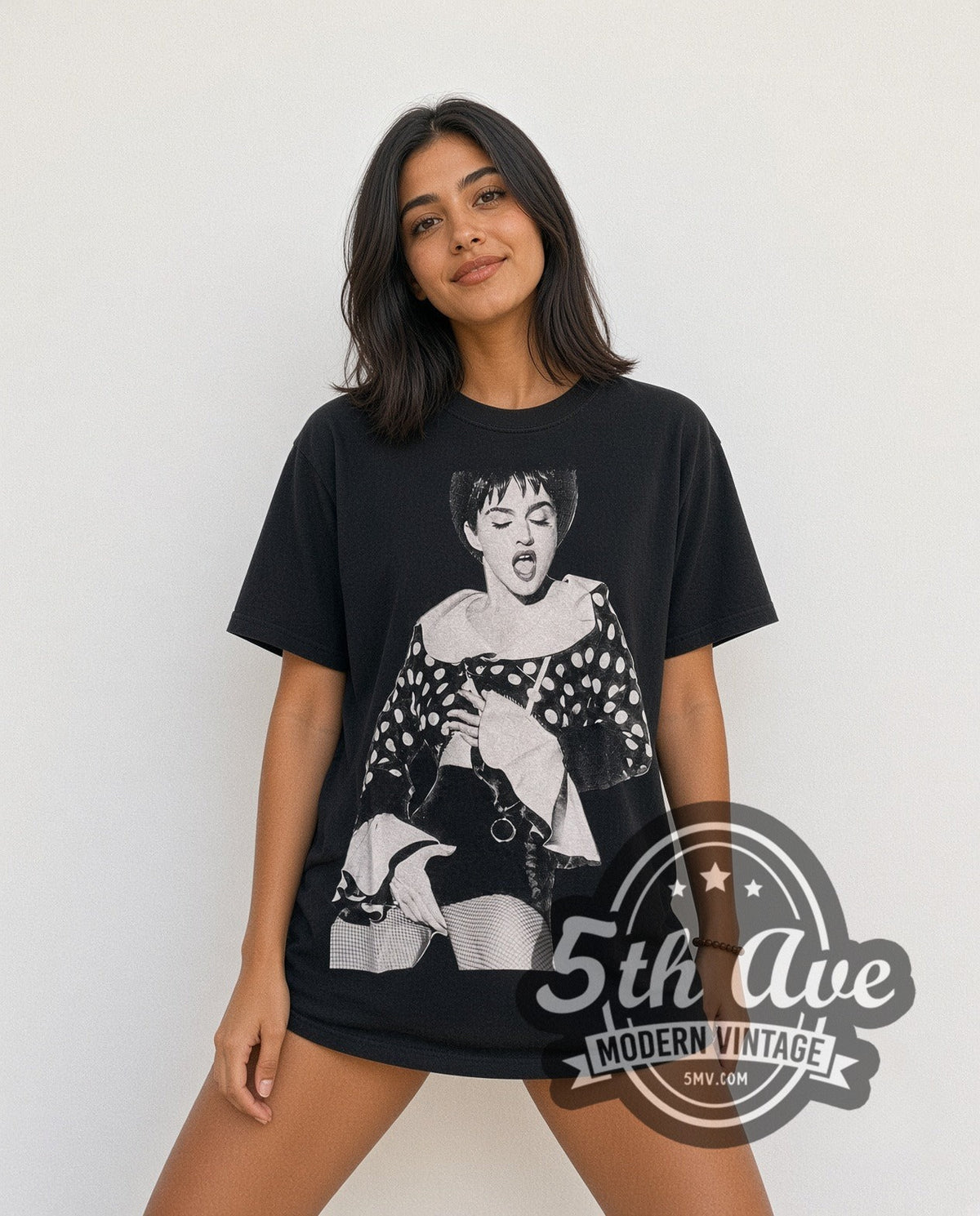 Model wearing the Madonna Polka Dot Jacket Fishnets Portrait vintage band t-shirt