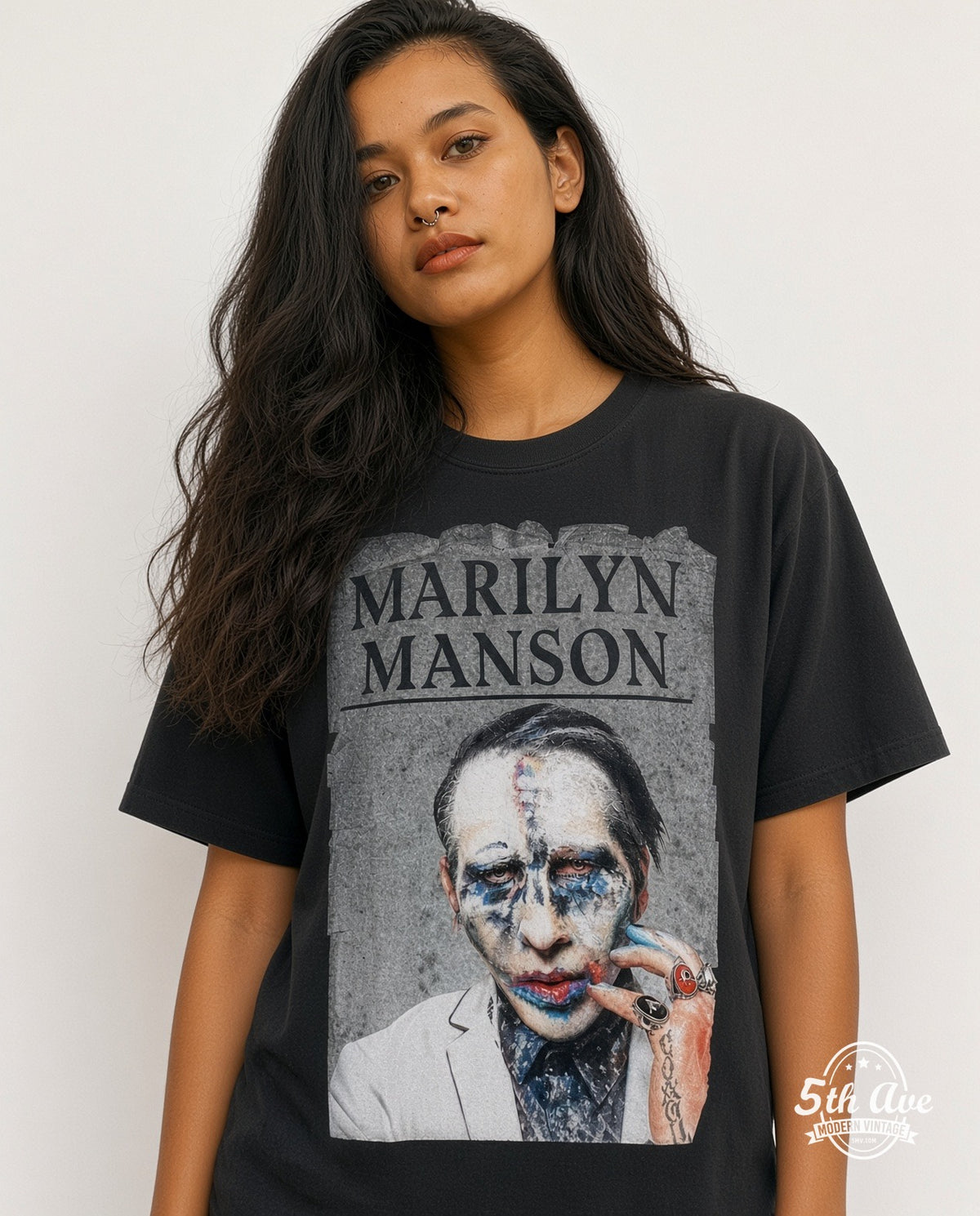 Model wearing the Marilyn Manson Clown Makeup Portrait vintage band t-shirt
