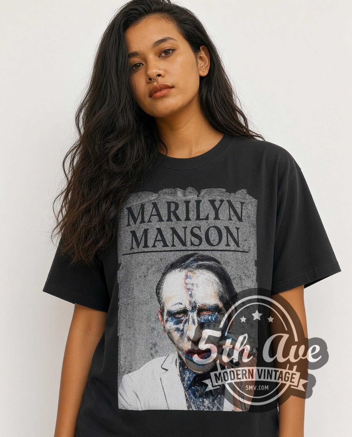 Model wearing the Marilyn Manson Clown Makeup Portrait vintage band t-shirt