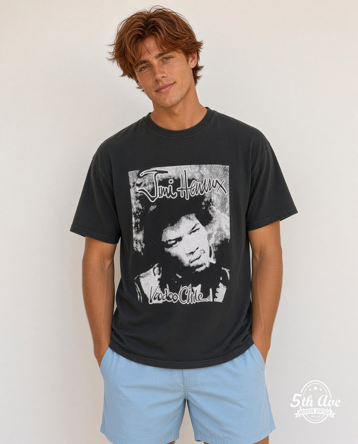 Model wearing the Jimi Hendrix Voodoo Child vintage band t-shirt