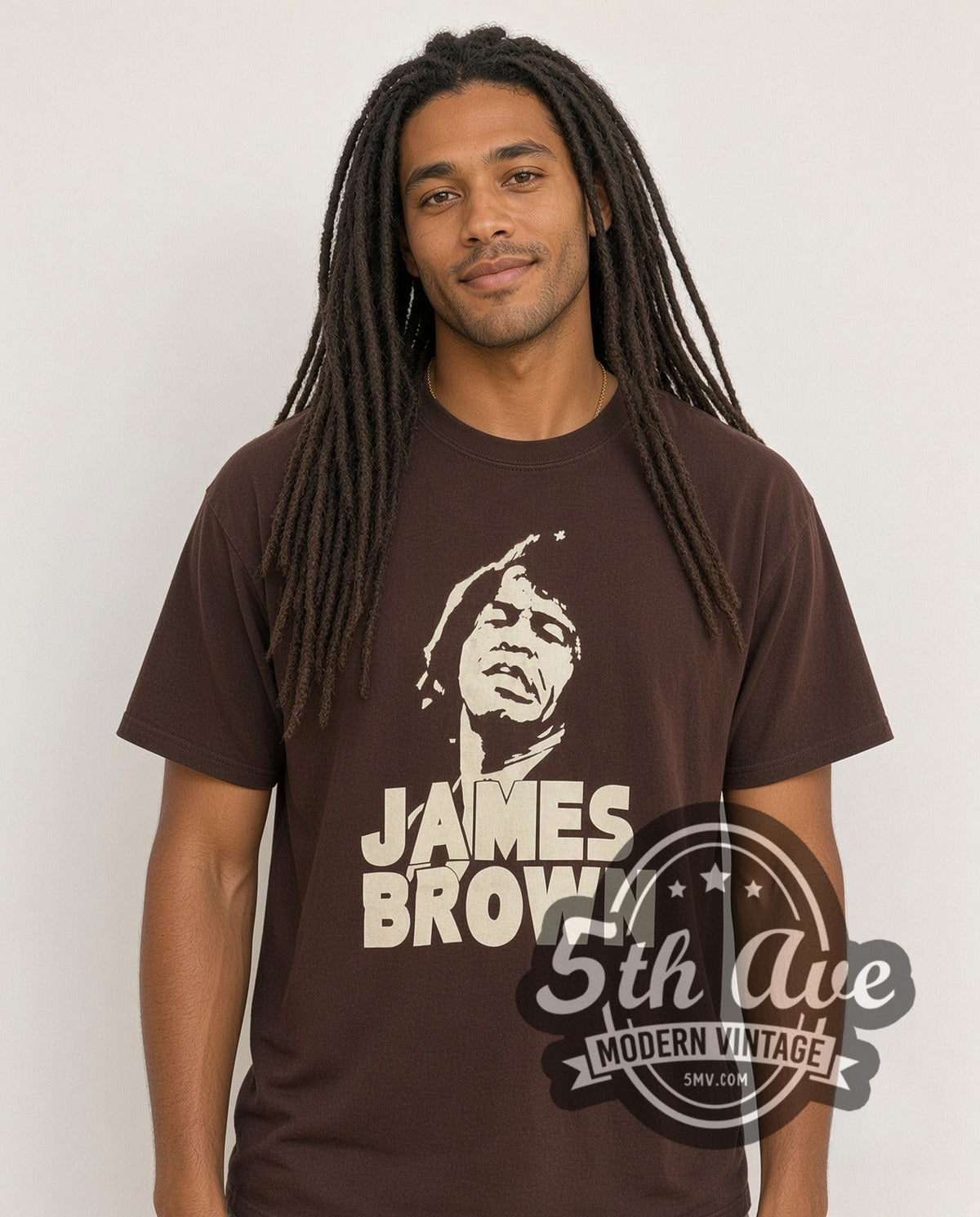 Model wearing the James Brown vintage band t-shirt