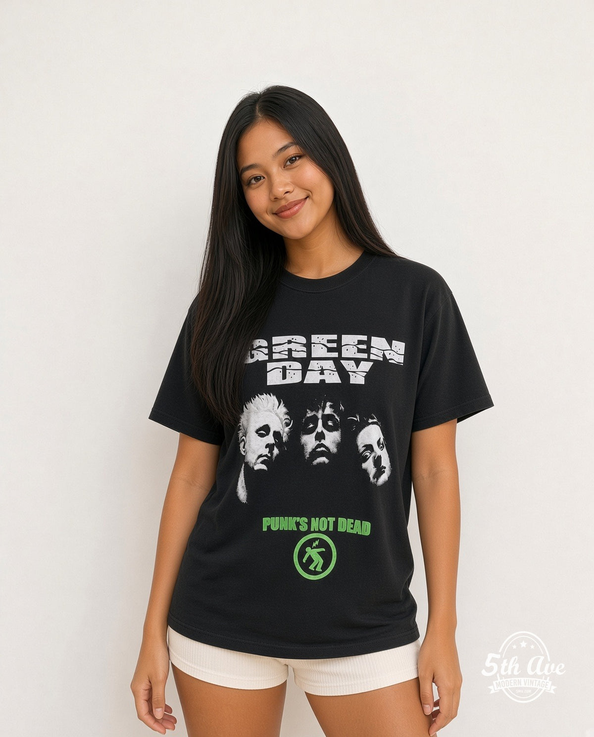 Model wearing the Green Day Punk Not Dead vintage band t-shirt