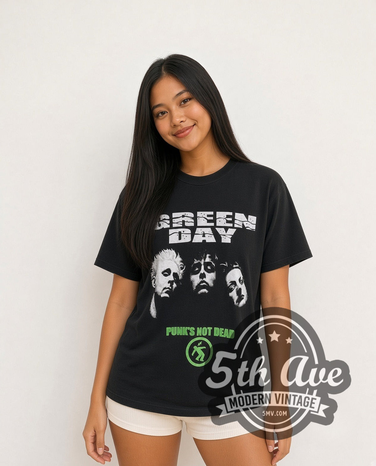 Model wearing the Green Day Punk Not Dead vintage band t-shirt