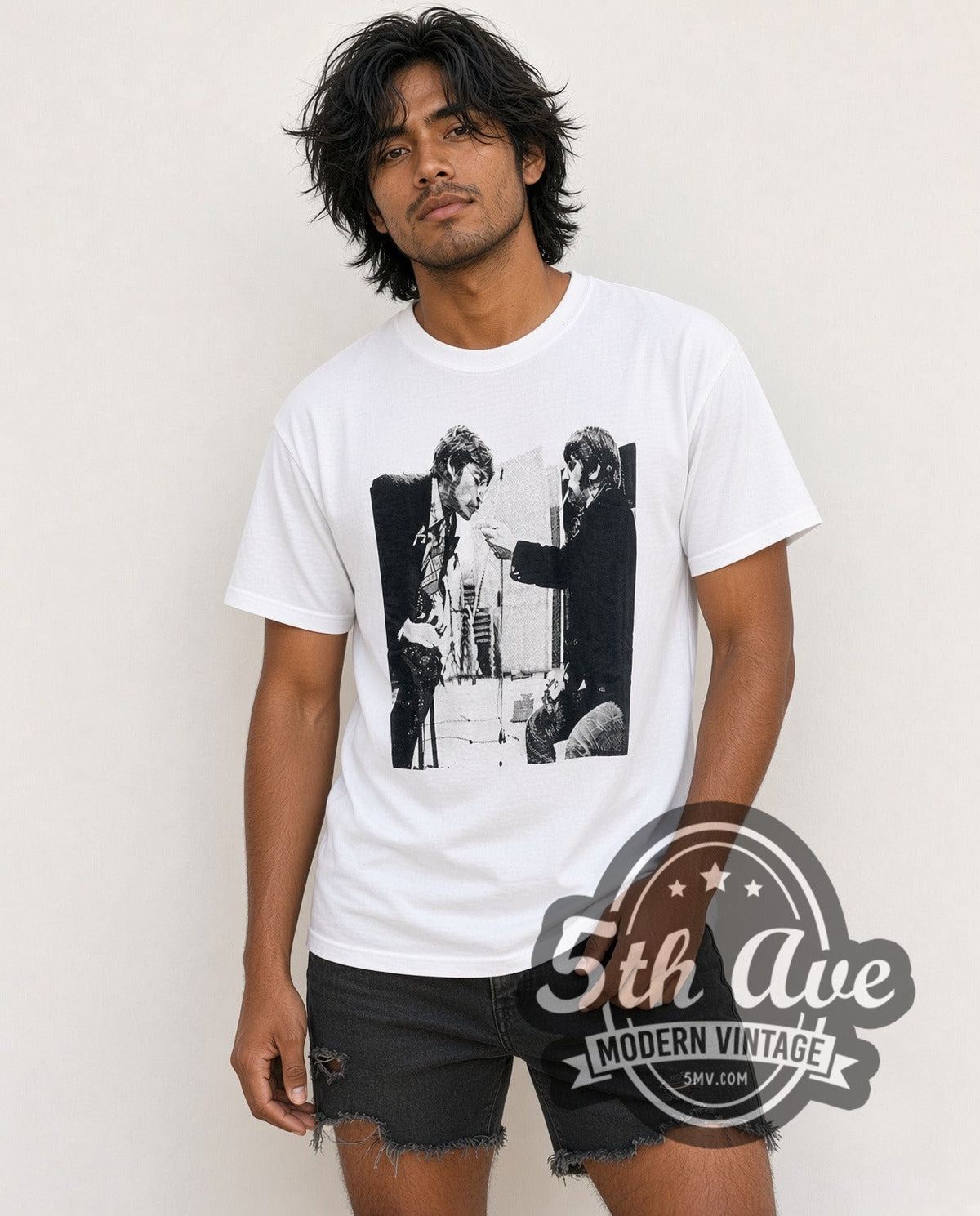 Model wearing The Beatles Cigarettes vintage band t-shirt
