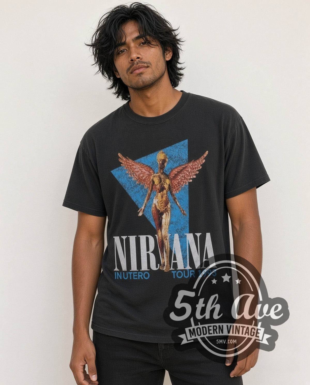 Model wearing the Nirvana In Utero Angel 1993 vintage band t-shirt in black
