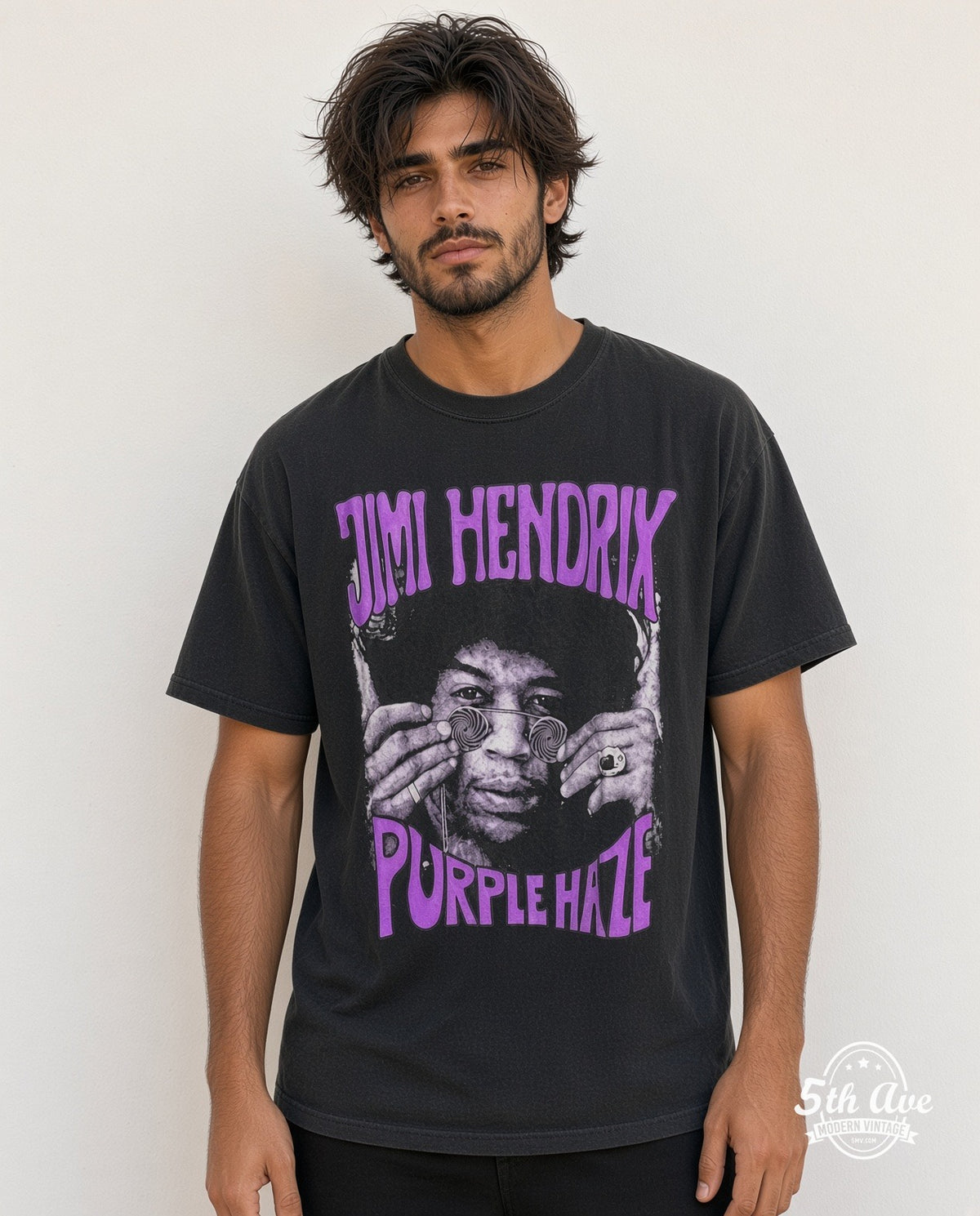 Model wearing the Jimi Hendrix Purple Haze vintage band t-shirt