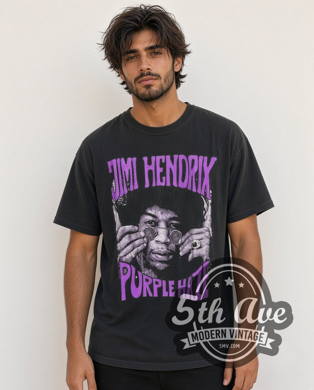 Model wearing the Jimi Hendrix Purple Haze vintage band t-shirt