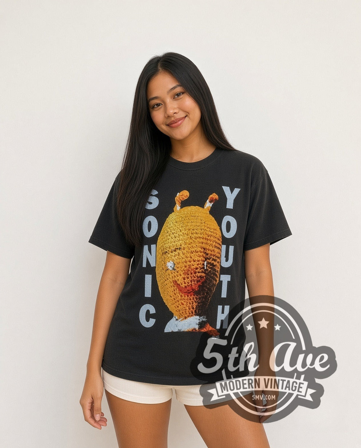 Model wearing the Sonic Youth Dirty Knitted Doll vintage band t-shirt