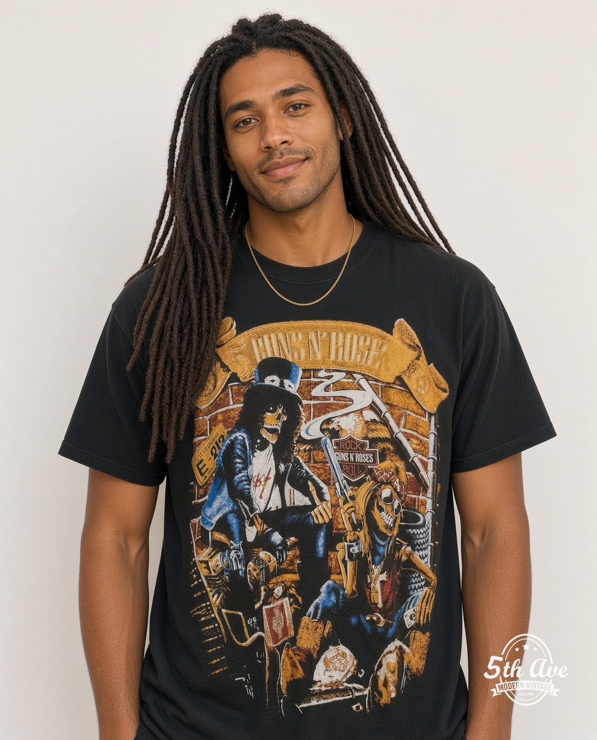 Model wearing the Guns N' Roses Retro Band Illustration vintage band t-shirt