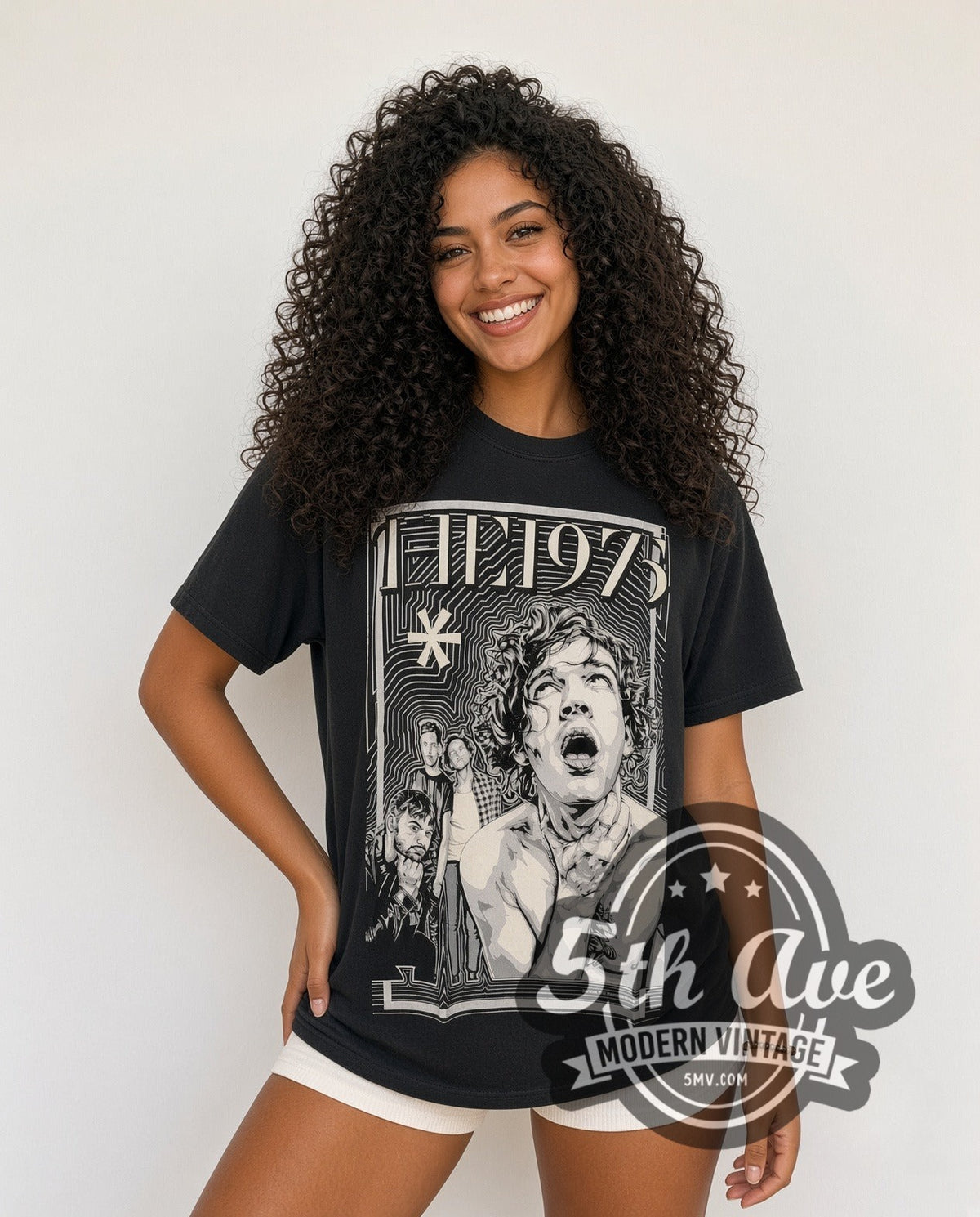 Model wearing The 1975 Matty Healy Shirtless Band Asterisk vintage band t-shirt