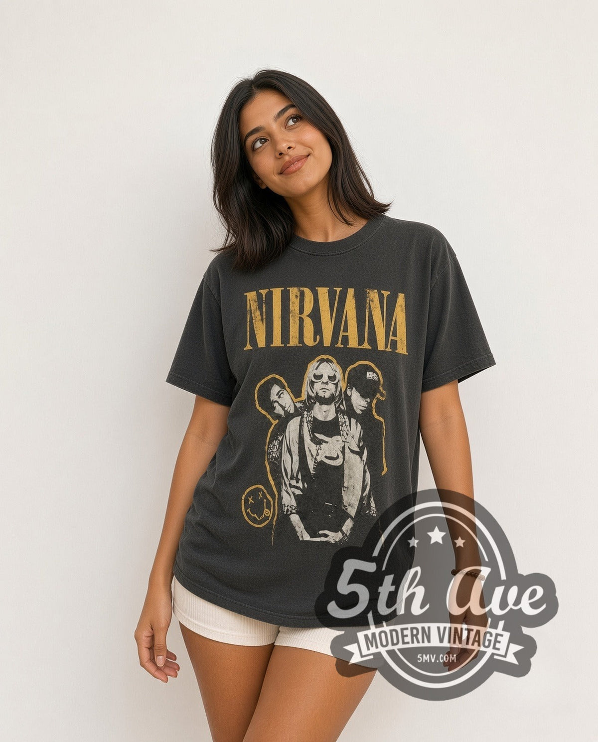 Model wearing the Nirvana Yellow Logo Smiley Band Photo vintage band t-shirt