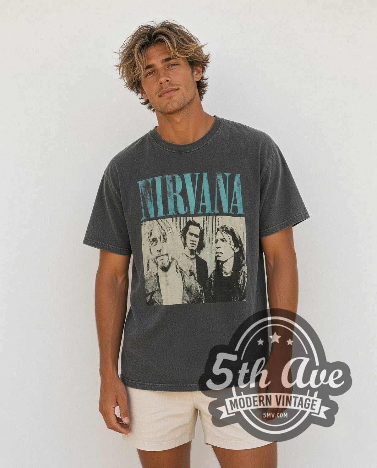 Model wearing the Nirvana Teal Logo Band Trio Photo vintage band t-shirt