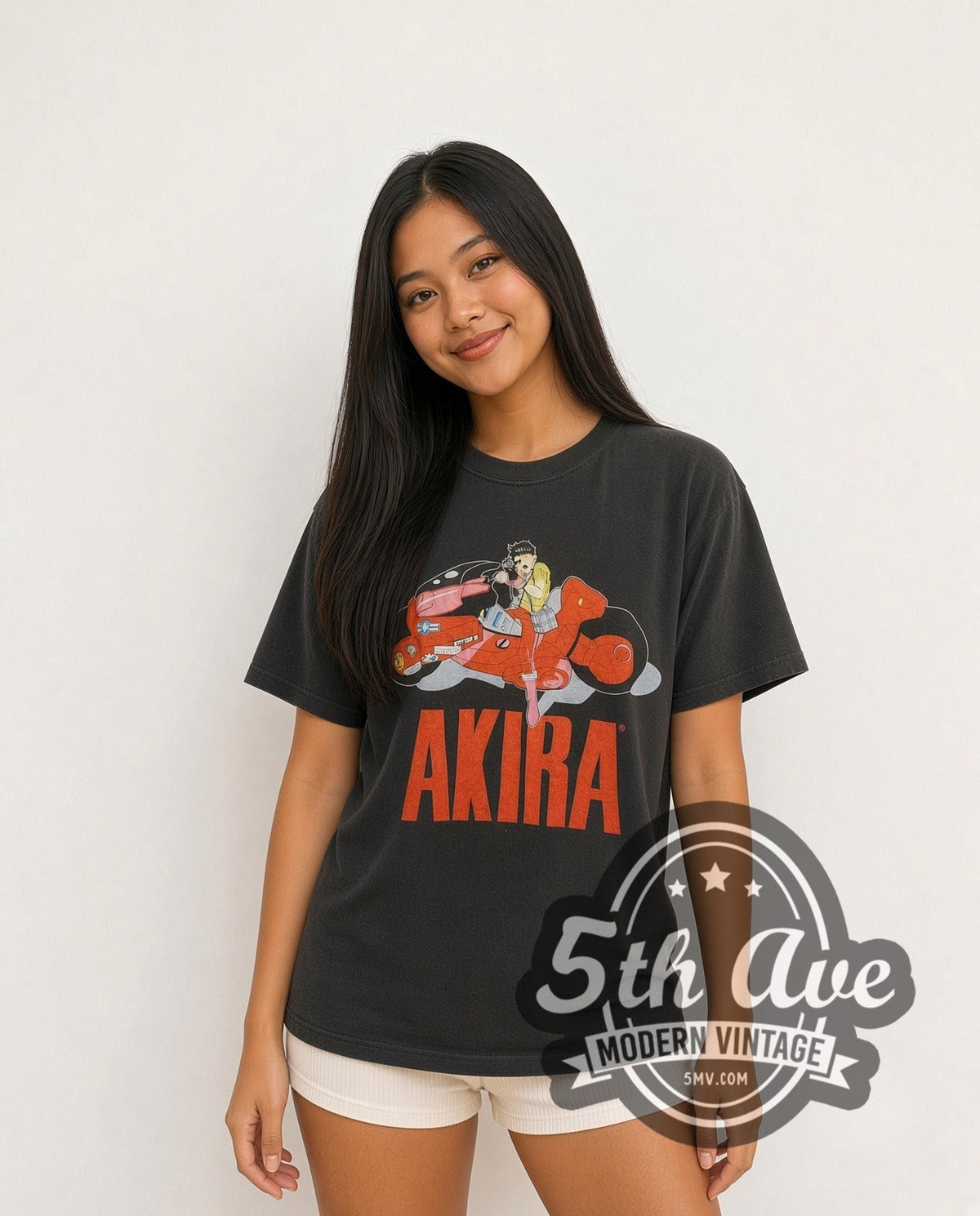 Model wearing the Akira Kaneda Motorcycle Logo vintage anime t-shirt
