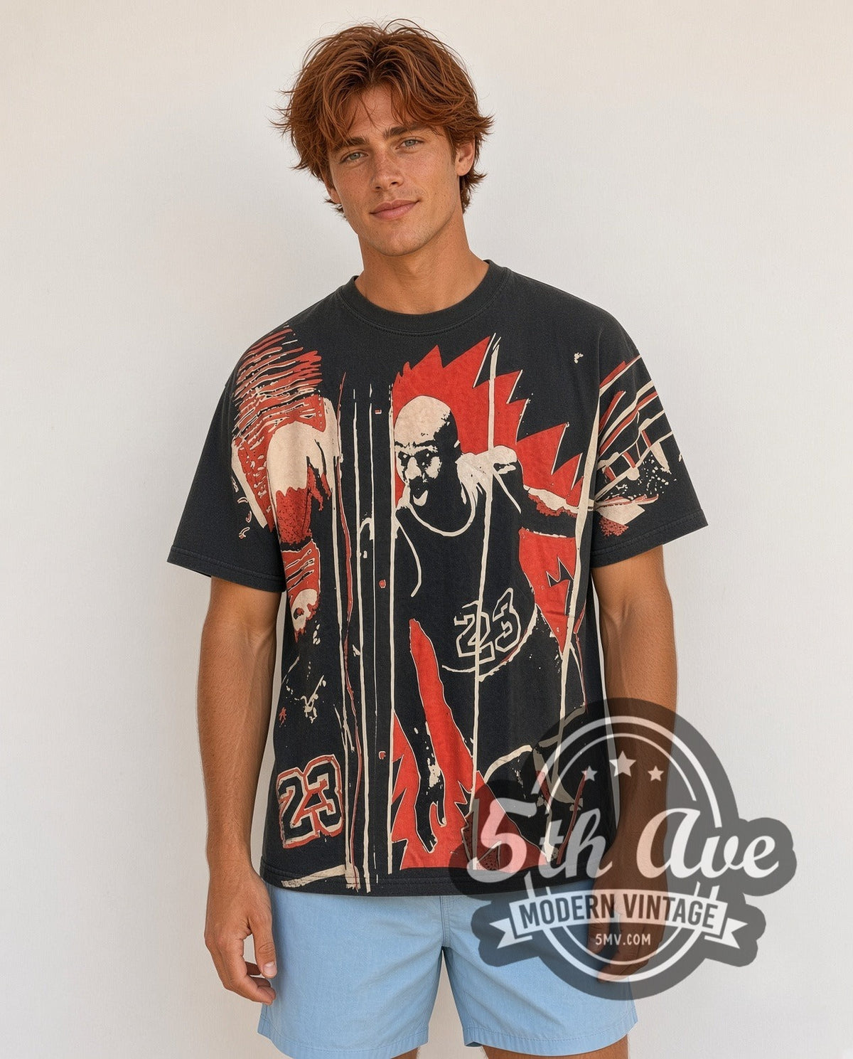 Model wearing the Michael Jordan Number 23 all-over-print vintage basketball tee