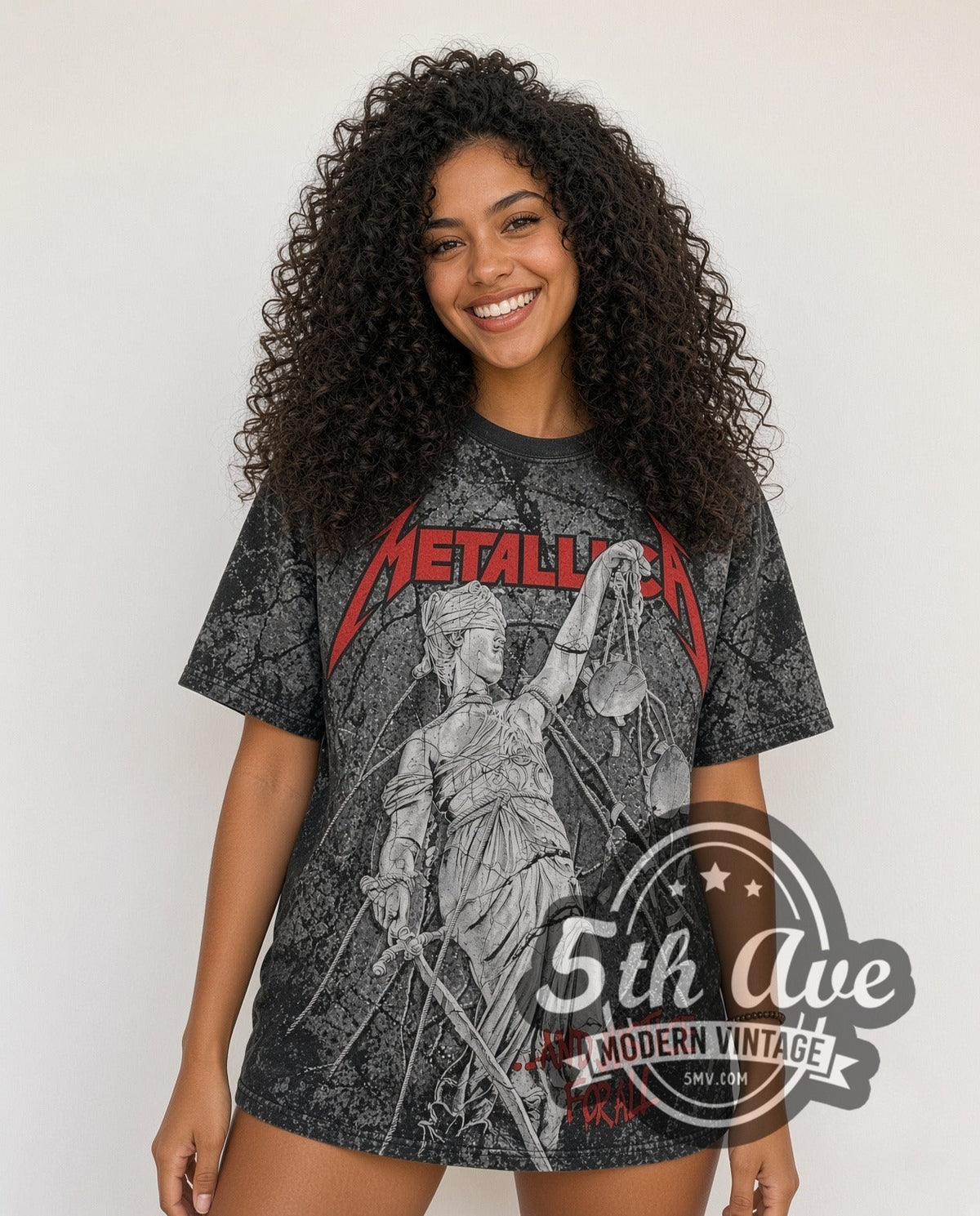 Model wearing the Metallica ...And Justice for All Lady Justice all-over-print vintage band t-shirt