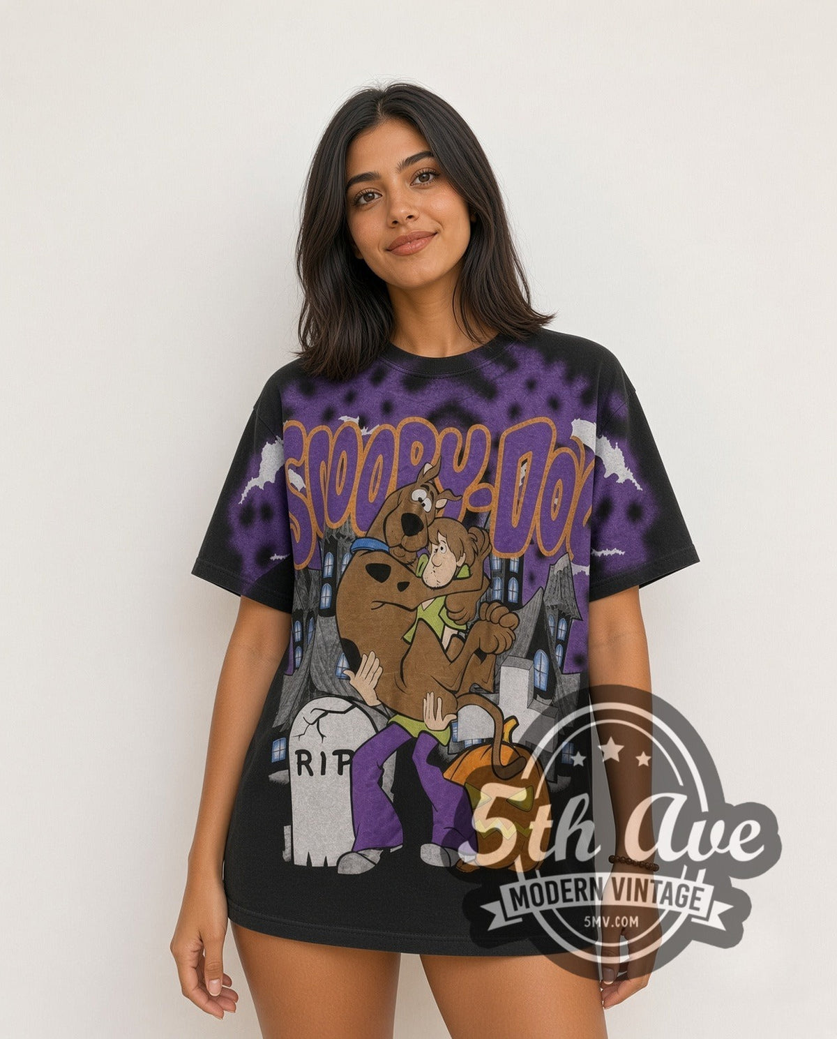 Model wearing the Scooby-Doo Graveyard Halloween all-over-print vintage cartoon tee