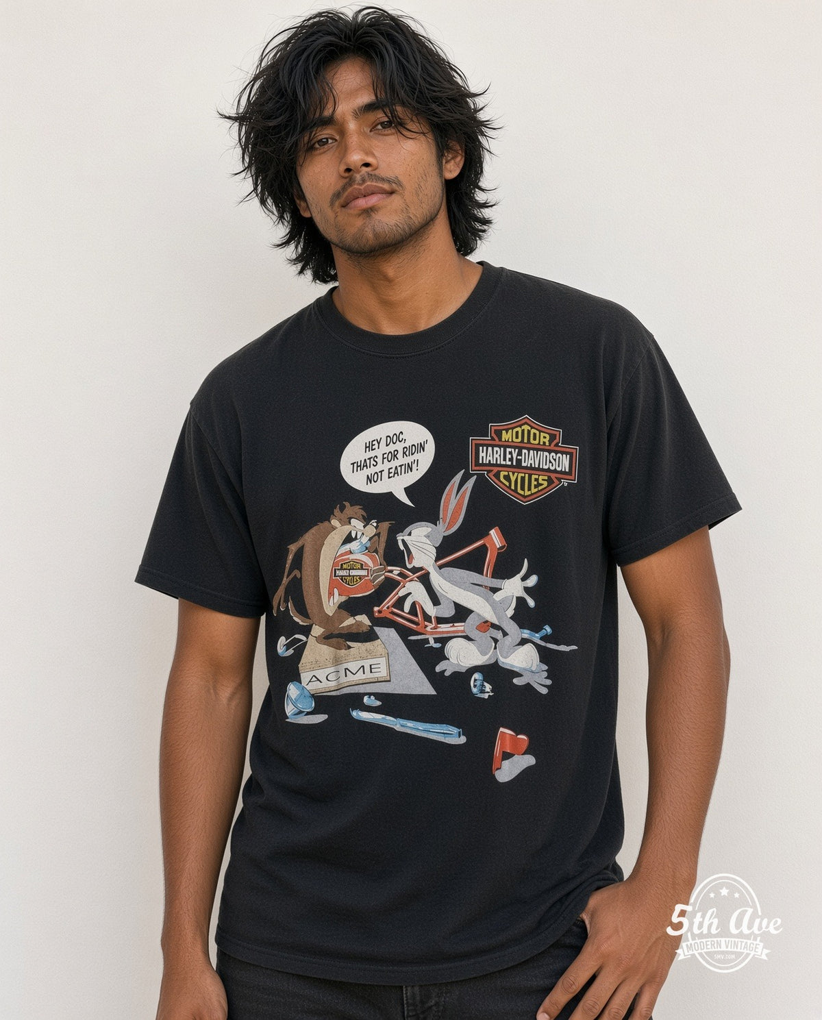 Model wearing the Harley-Davidson Looney Tunes Taz-Mania Harley Davidson Retro graphic tee