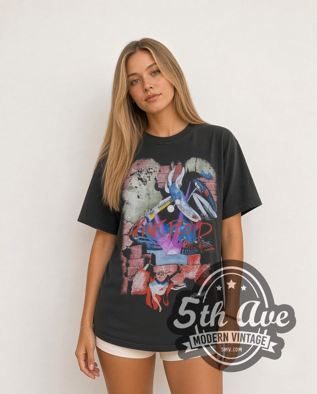 Model wearing the Pink Floyd The Wall Movie Collage Judge vintage band t-shirt