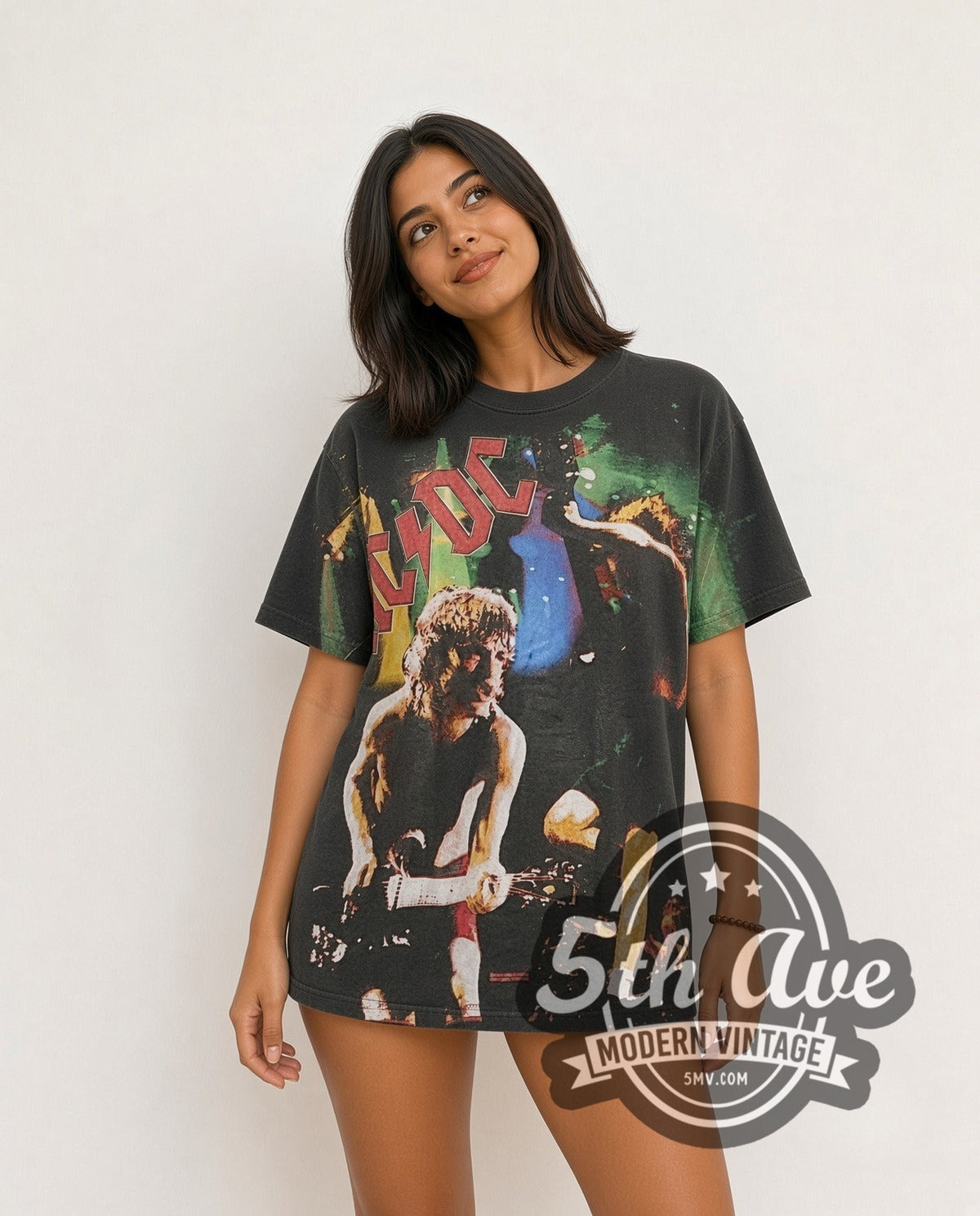 Model wearing the AC/DC Angus Young Shreds all-over-print vintage band t-shirt