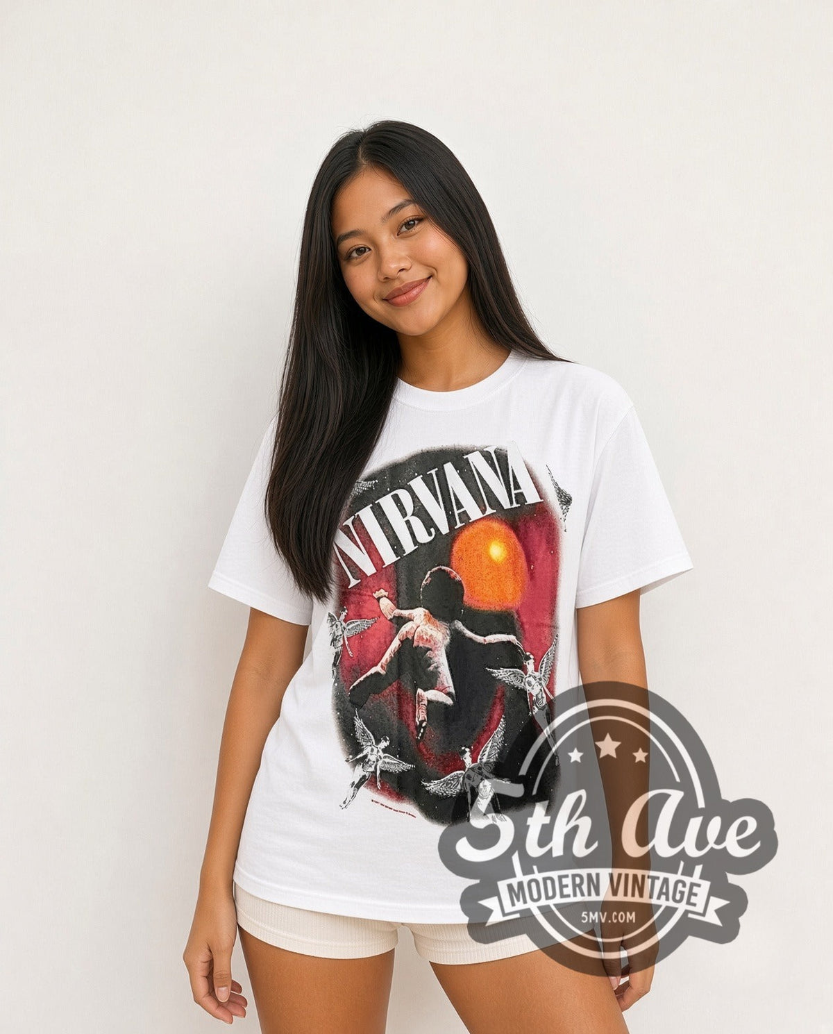 Model wearing the Nirvana Nevermind Baby & Angels Oval vintage band t-shirt
