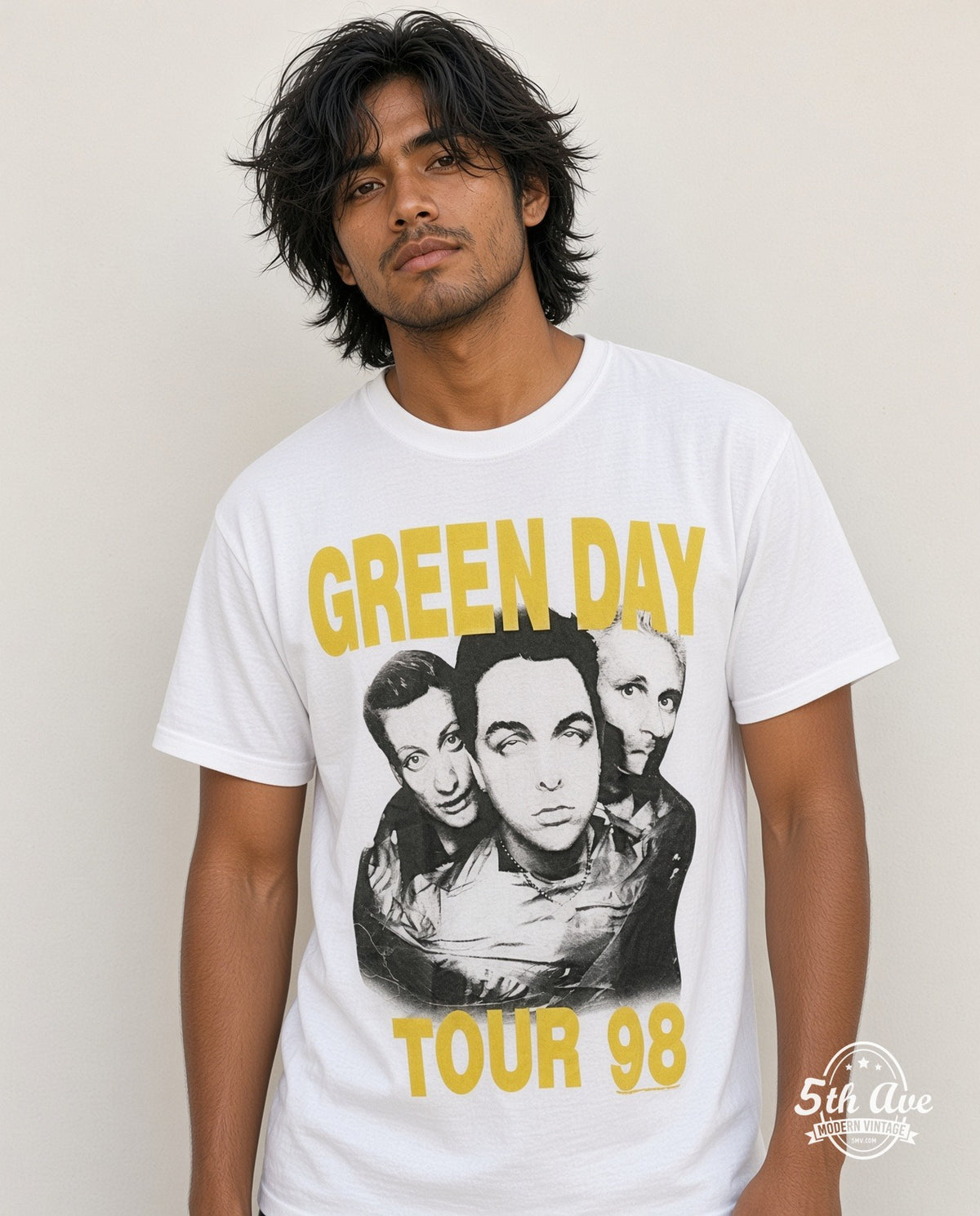 Model wearing the Green Day Nimrod Tour T-Shirt Vintage Rock Graphic vintage band t-shirt