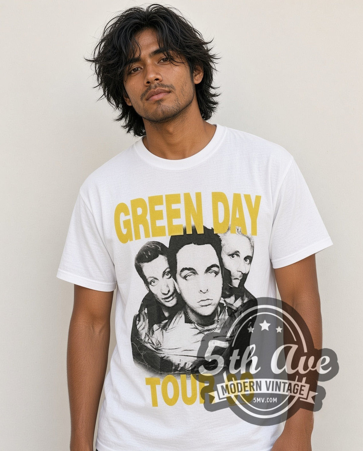 Model wearing the Green Day Nimrod Tour T-Shirt Vintage Rock Graphic vintage band t-shirt