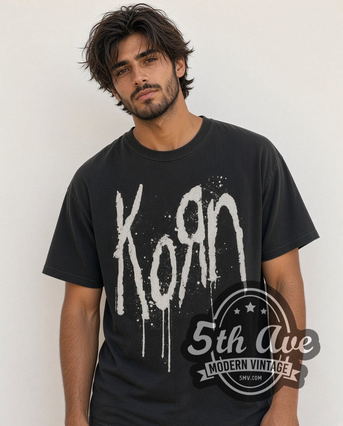 Model wearing the Korn Drip Logo vintage band t-shirt in black