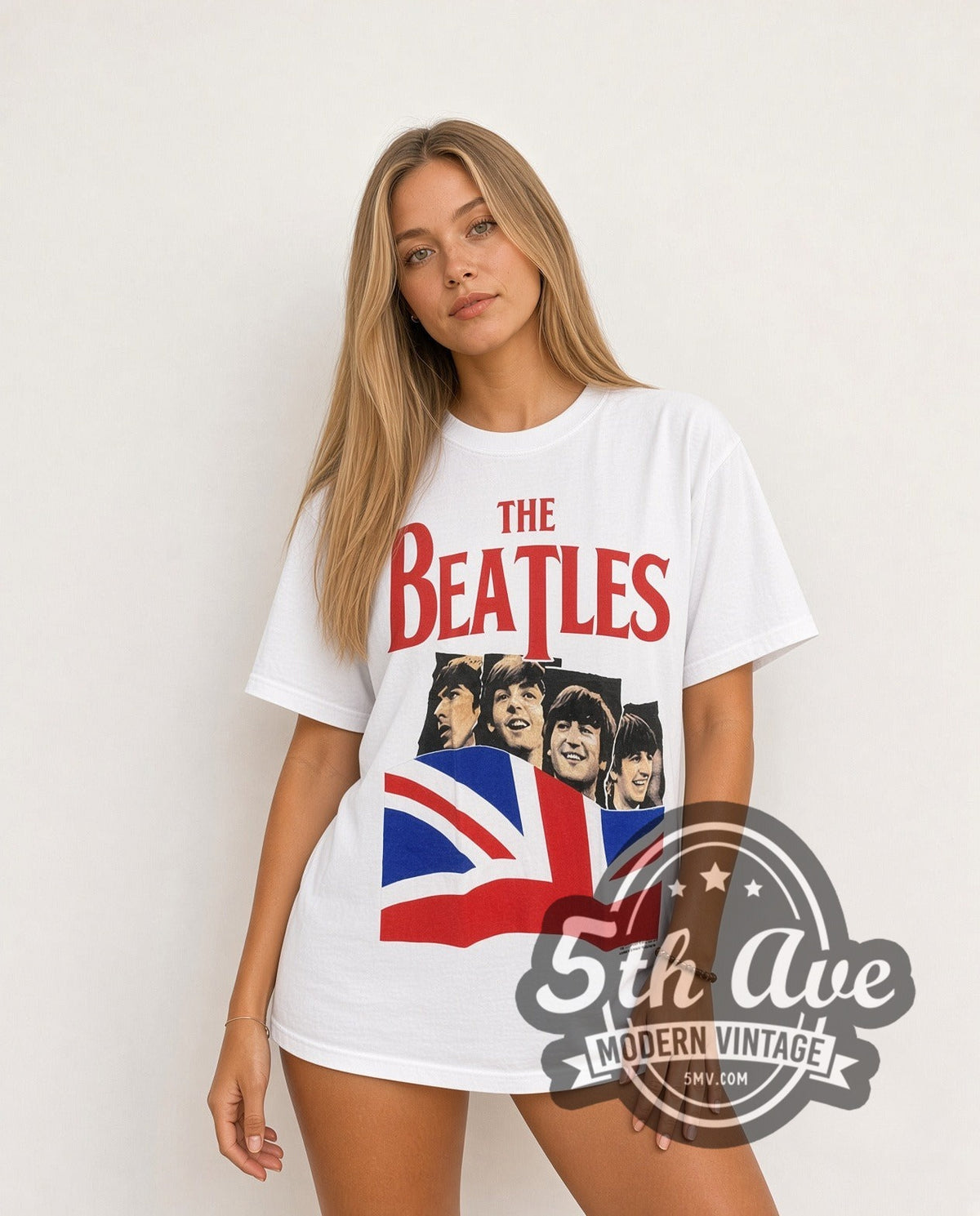 Model wearing The Beatles Union Jack Red Logo White vintage band t-shirt in white