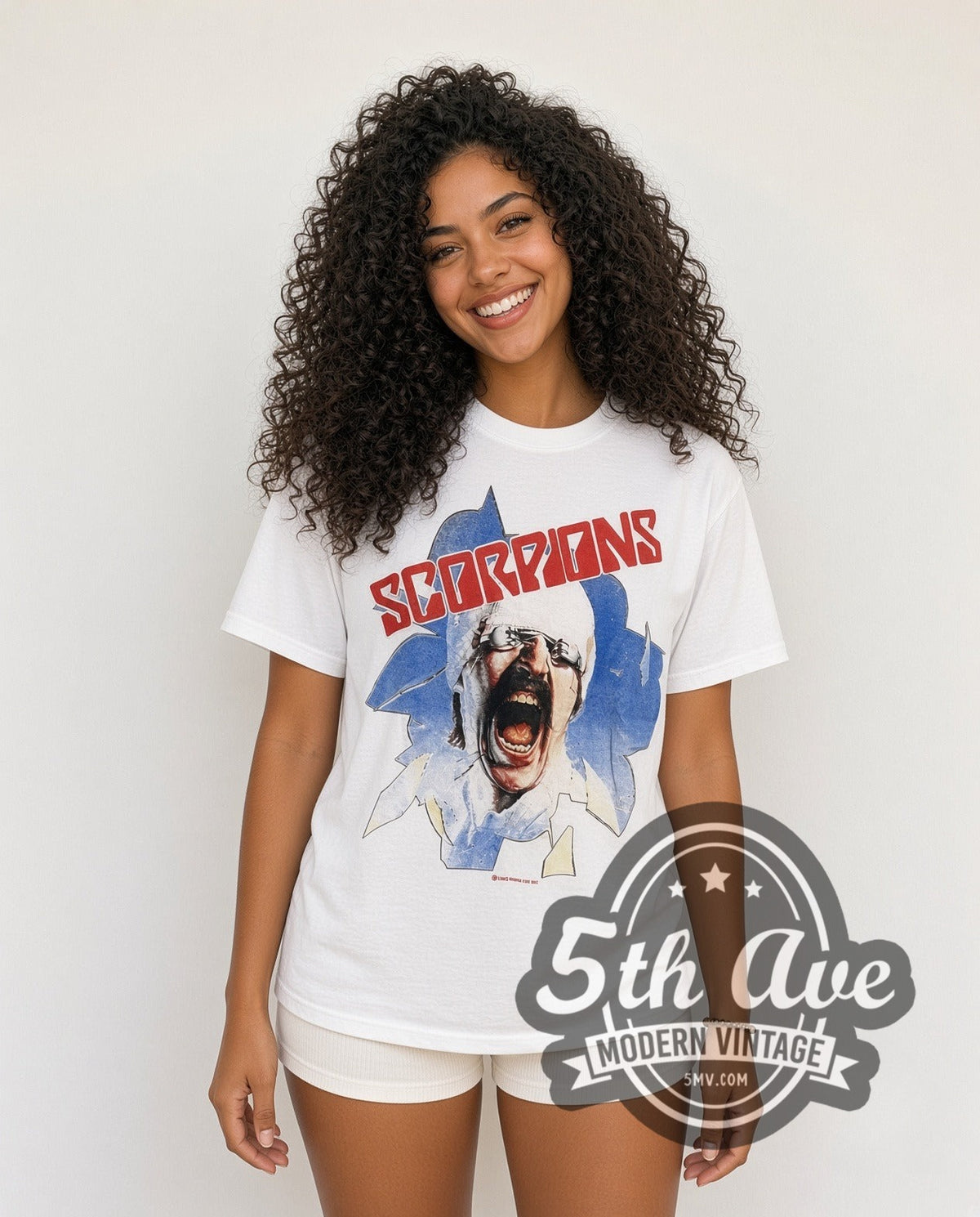 Model wearing the Scorpions the Final Sting 1987 vintage band t-shirt
