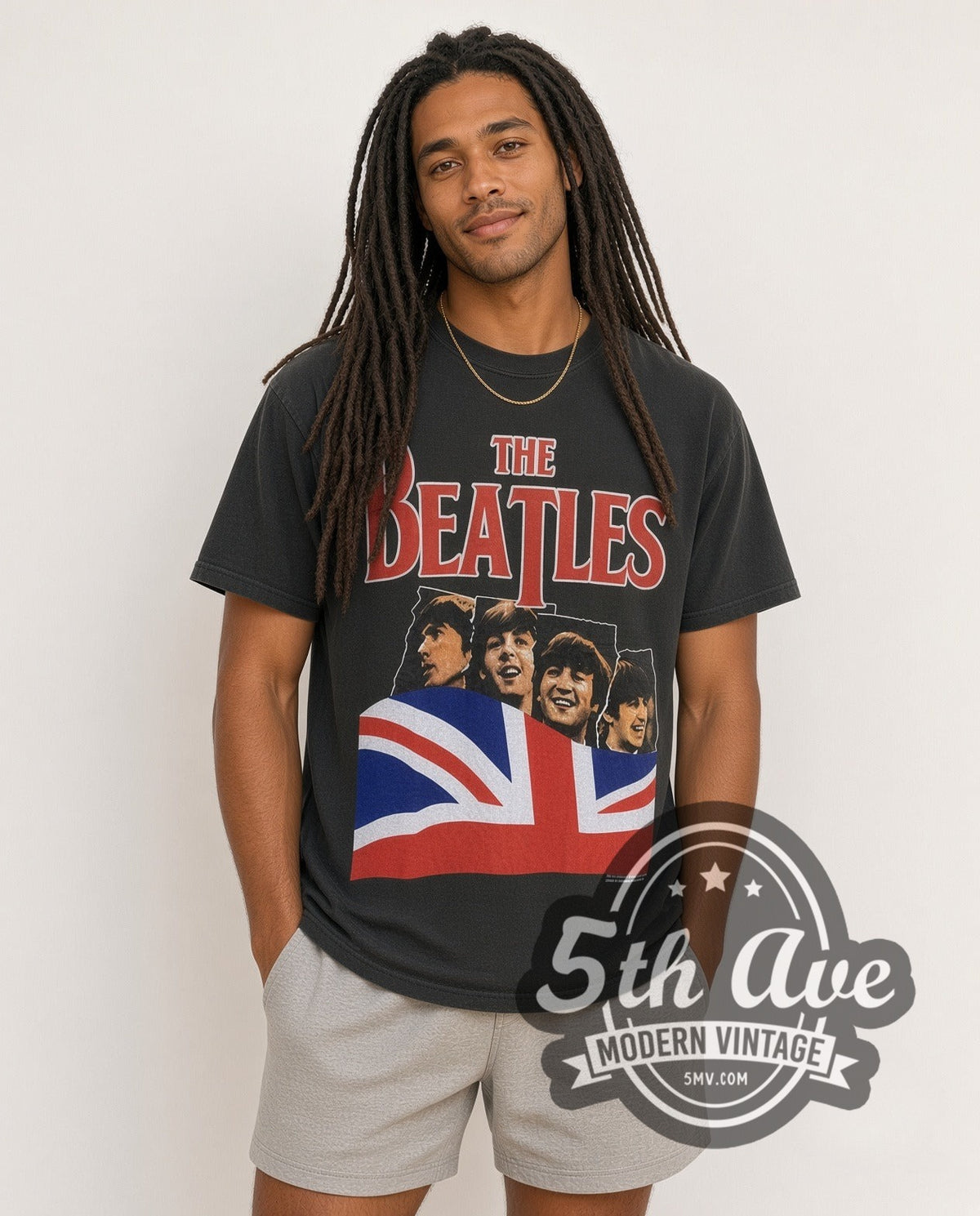 Model wearing The Beatles Union Jack Red Logo Mop-Top vintage band t-shirt