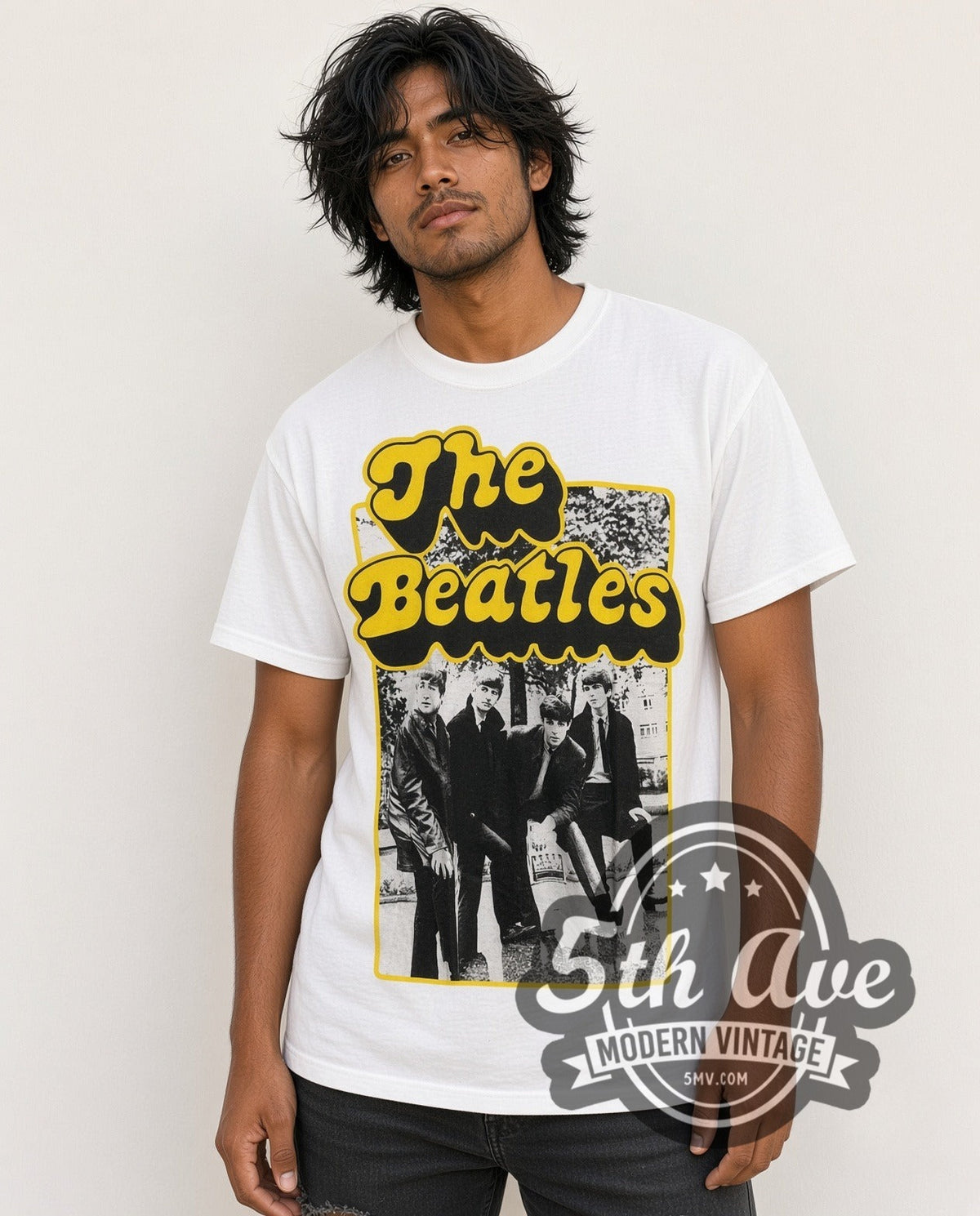 Model wearing The Beatles Yellow Bubble Font Early Photo vintage band t-shirt