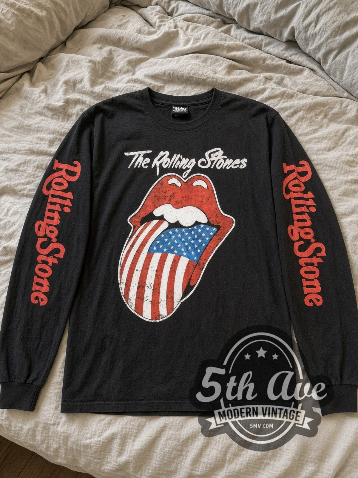 The Rolling Stones US Flag Tongue vintage band long sleeve tee laid flat