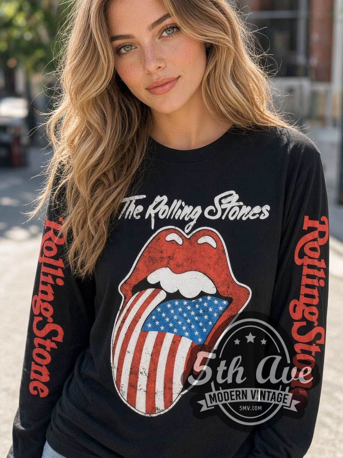 Model wearing The Rolling Stones US Flag Tongue vintage band long sleeve t-shirt