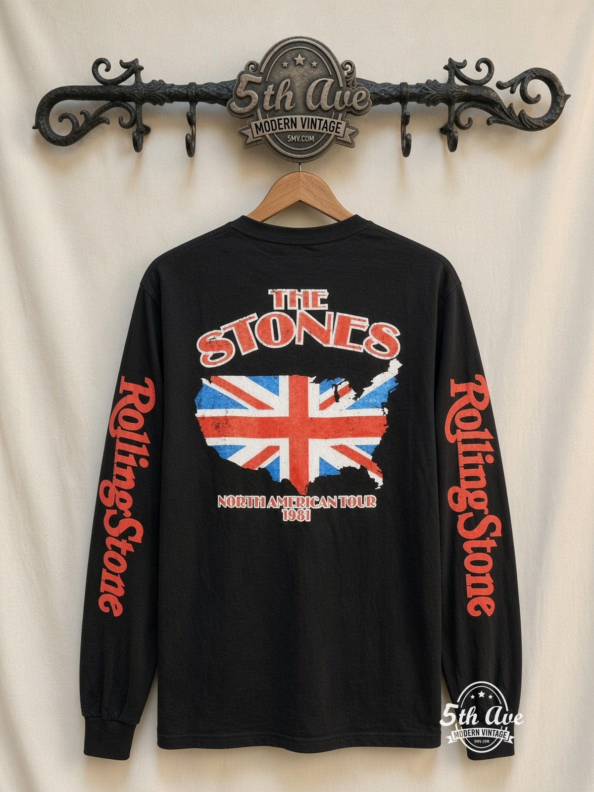 ETS LS 15 The Rolling Stones US Flag Tongue long sleeve vintage tee on rack, back