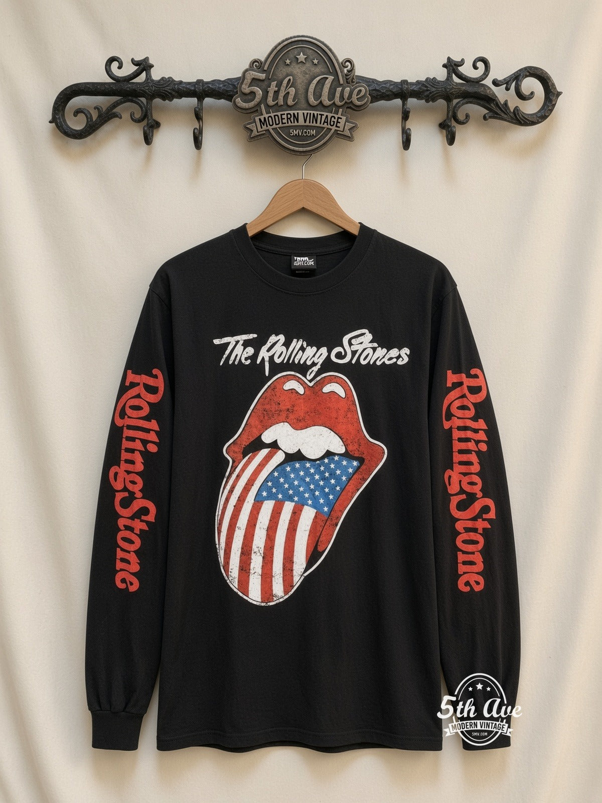 ETS LS 15 The Rolling Stones US Flag Tongue long sleeve vintage tee on rack, front
