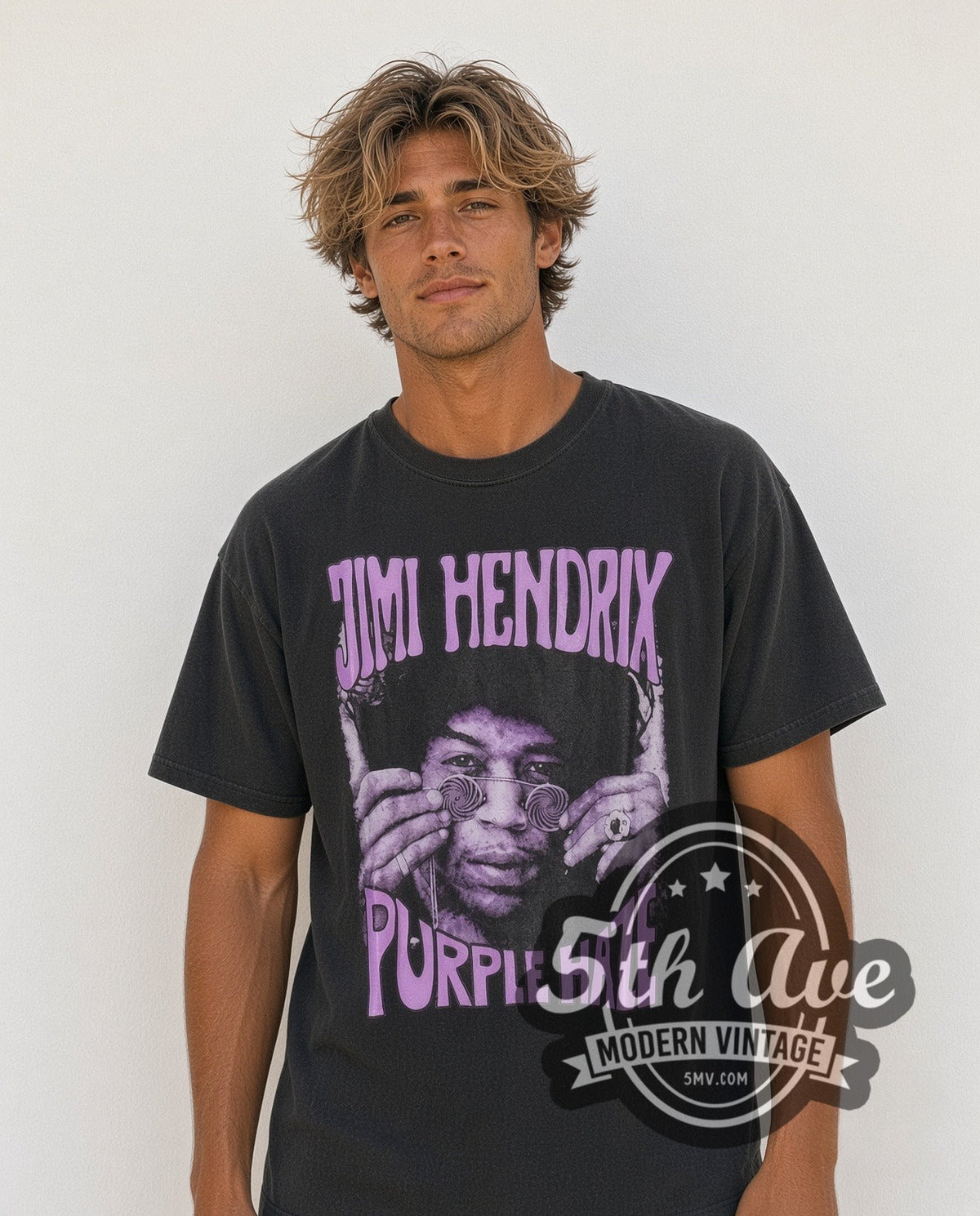 Model wearing the Jimi Hendrix Purple Haze vintage band t-shirt