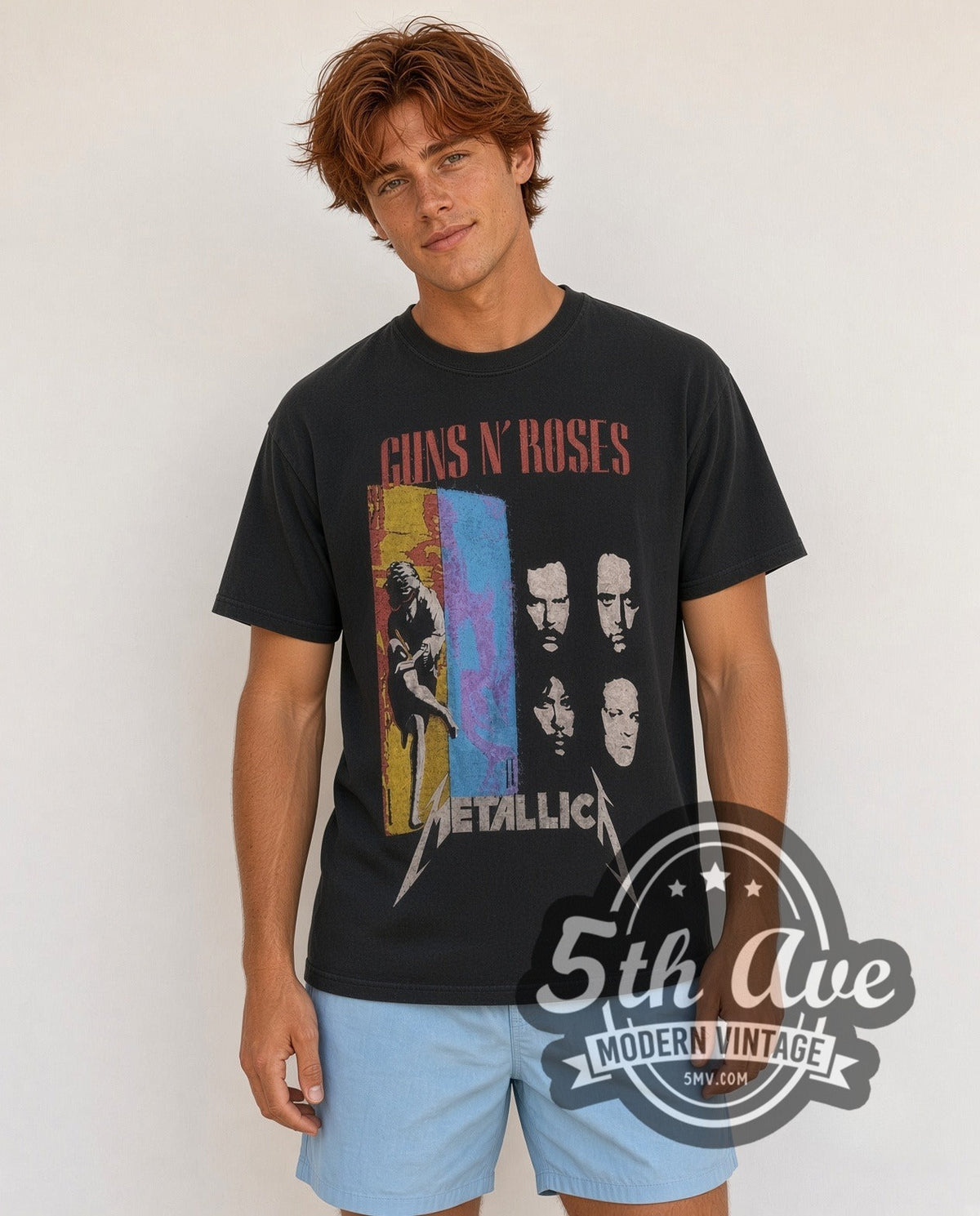 Model wearing the Guns N' Roses and Metallica 1992 Stadium Tour vintage band t-shirt