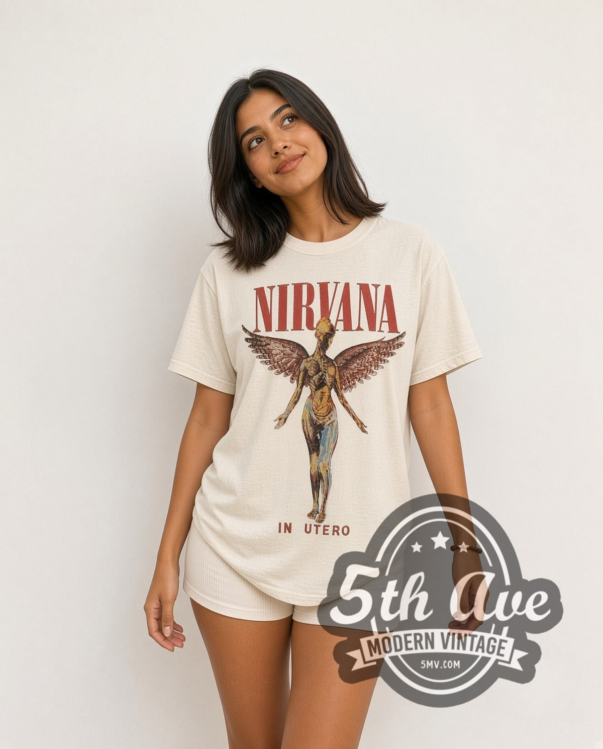 Model wearing the Nirvana In Utero Tour vintage band t-shirt