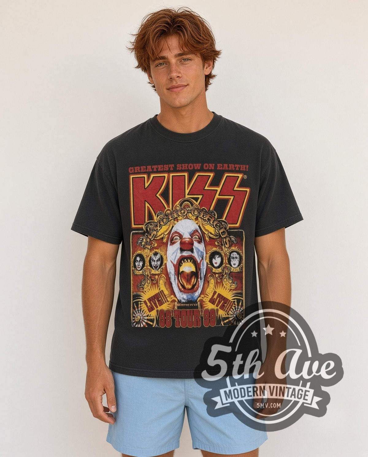 Model wearing the KISS Psycho Circus vintage band t-shirt in black
