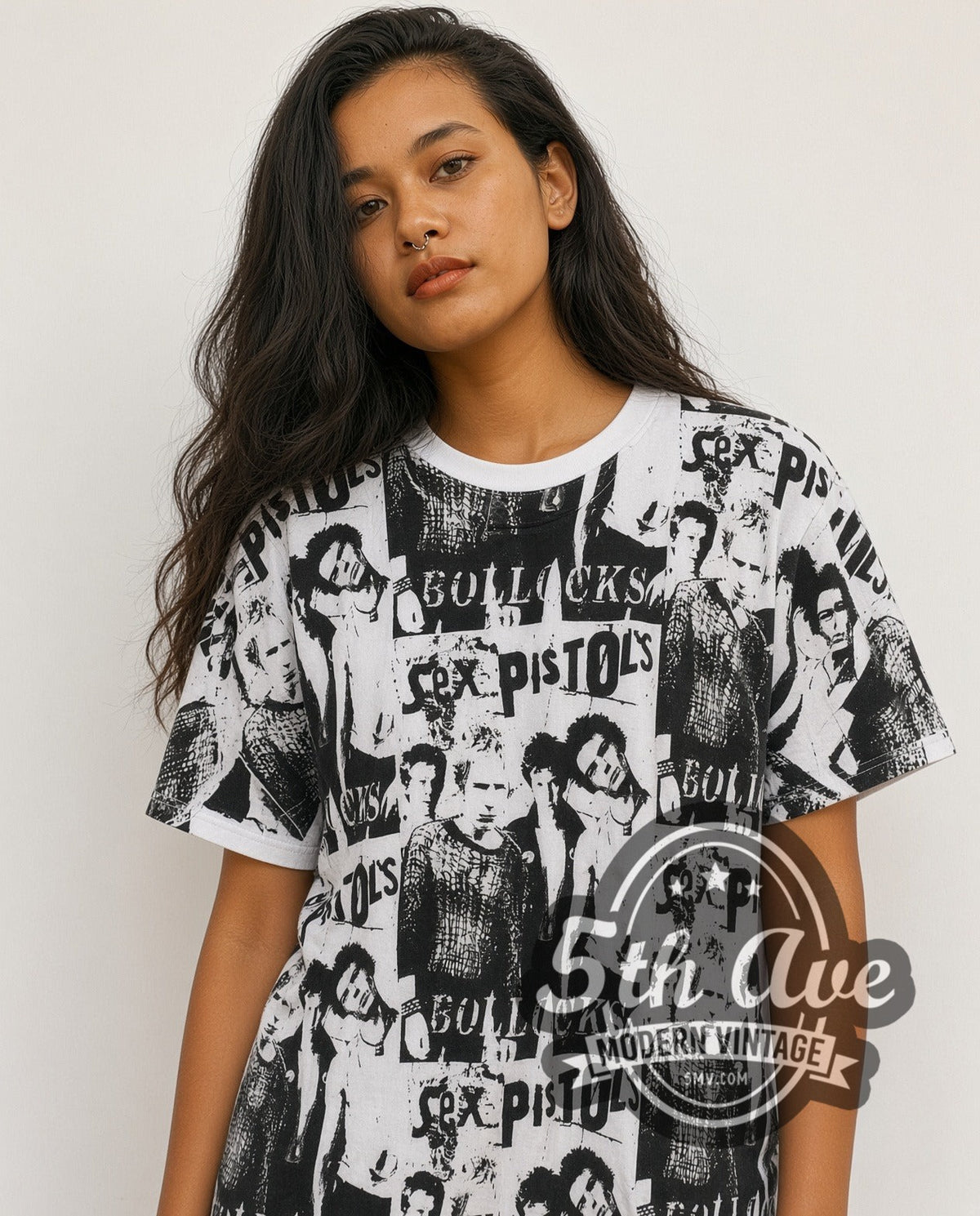 Model wearing the Sex Pistols Never Mind the Bollocks Collage all-over-print vintage band t-shirt