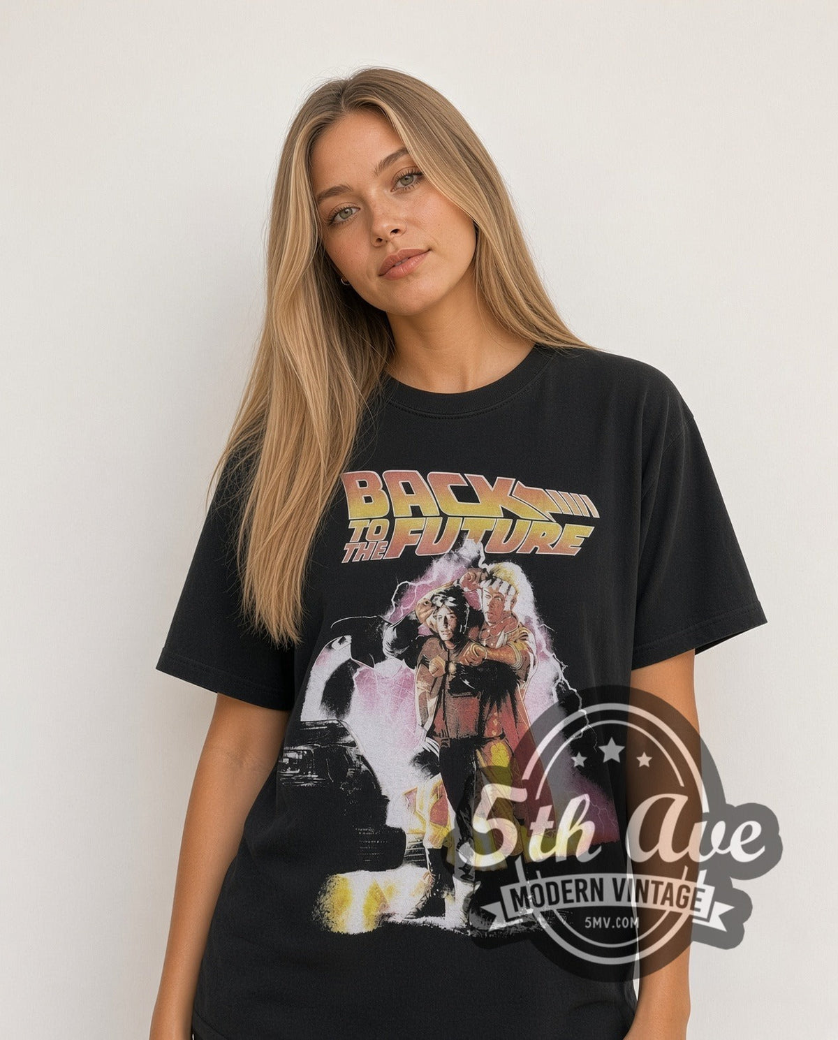Model wearing the Back to the Future vintage graphic t-shirt