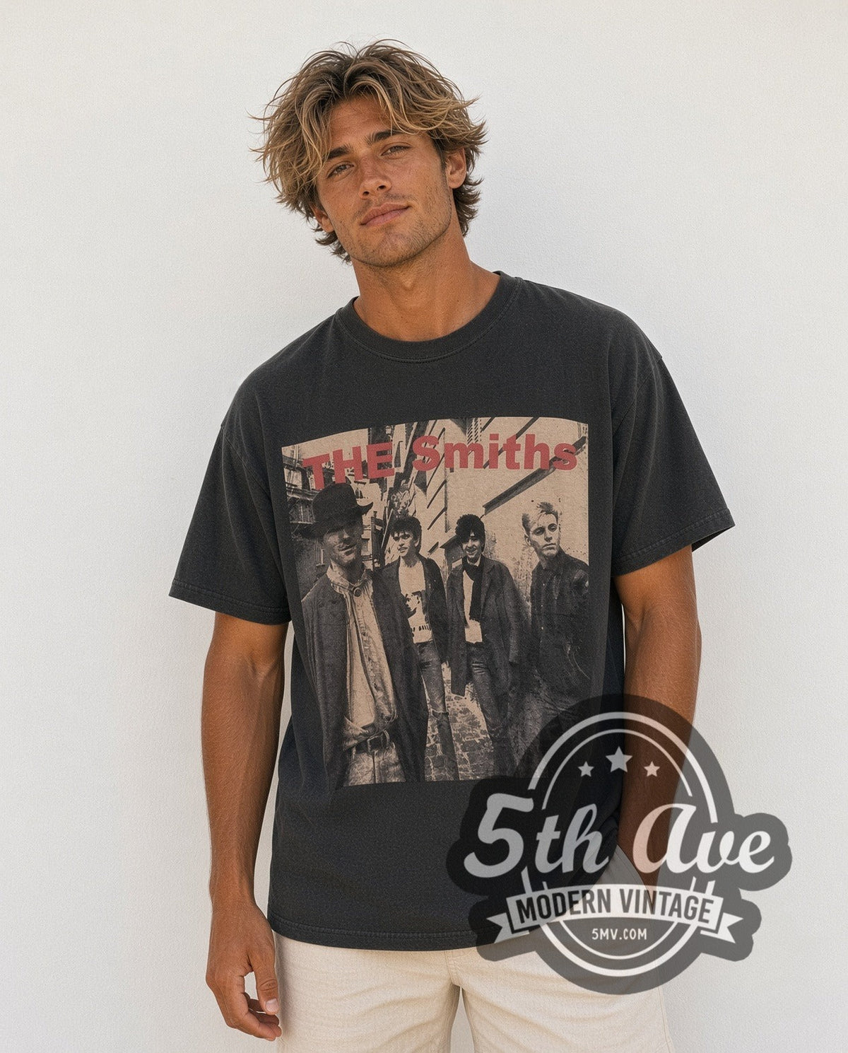 Model wearing The Smiths Sepia Alleyway Band Photo Red Logo vintage band t-shirt
