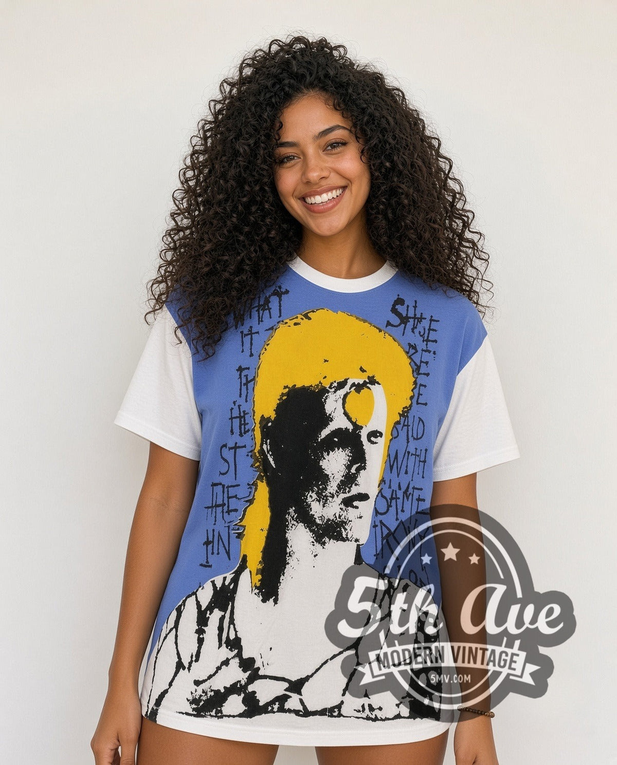 Model wearing the David Bowie Pop Art Portrait all-over-print vintage band t-shirt