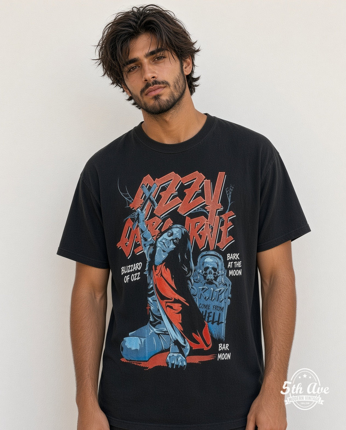 Model wearing the Ozzy Osbourne Blizzard of Ozz vintage band t-shirt