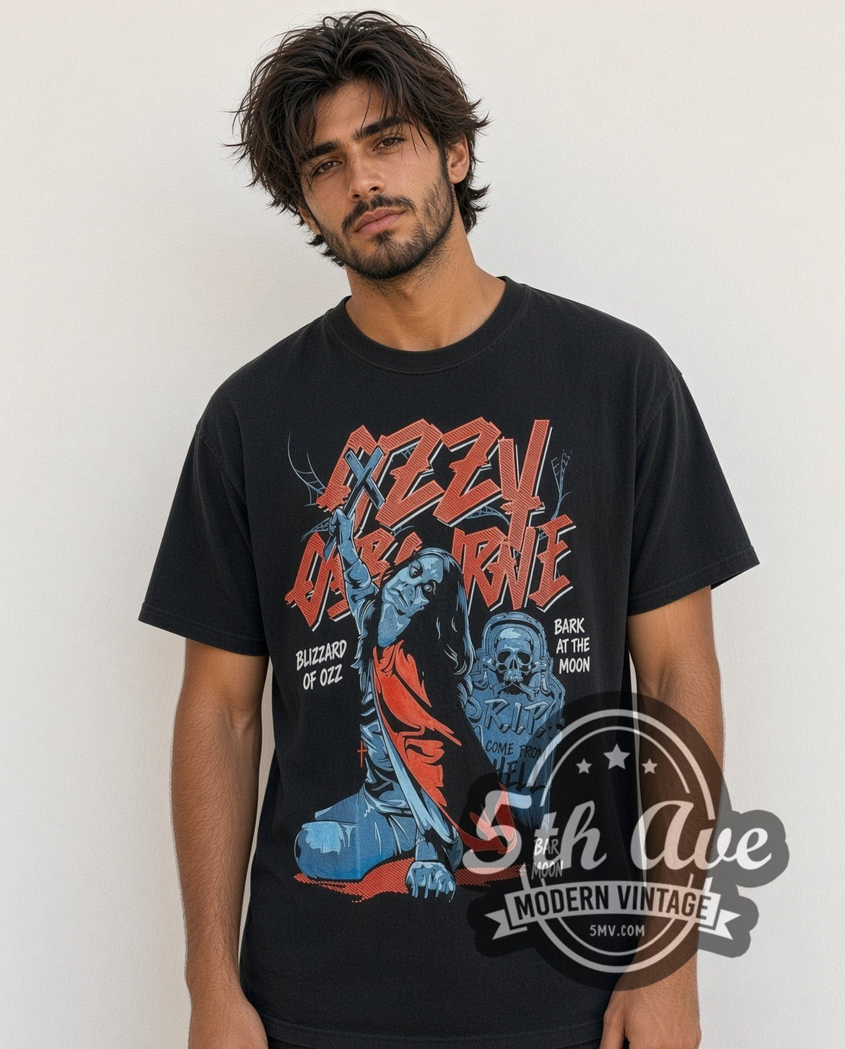 Model wearing the Ozzy Osbourne Blizzard of Ozz vintage band t-shirt
